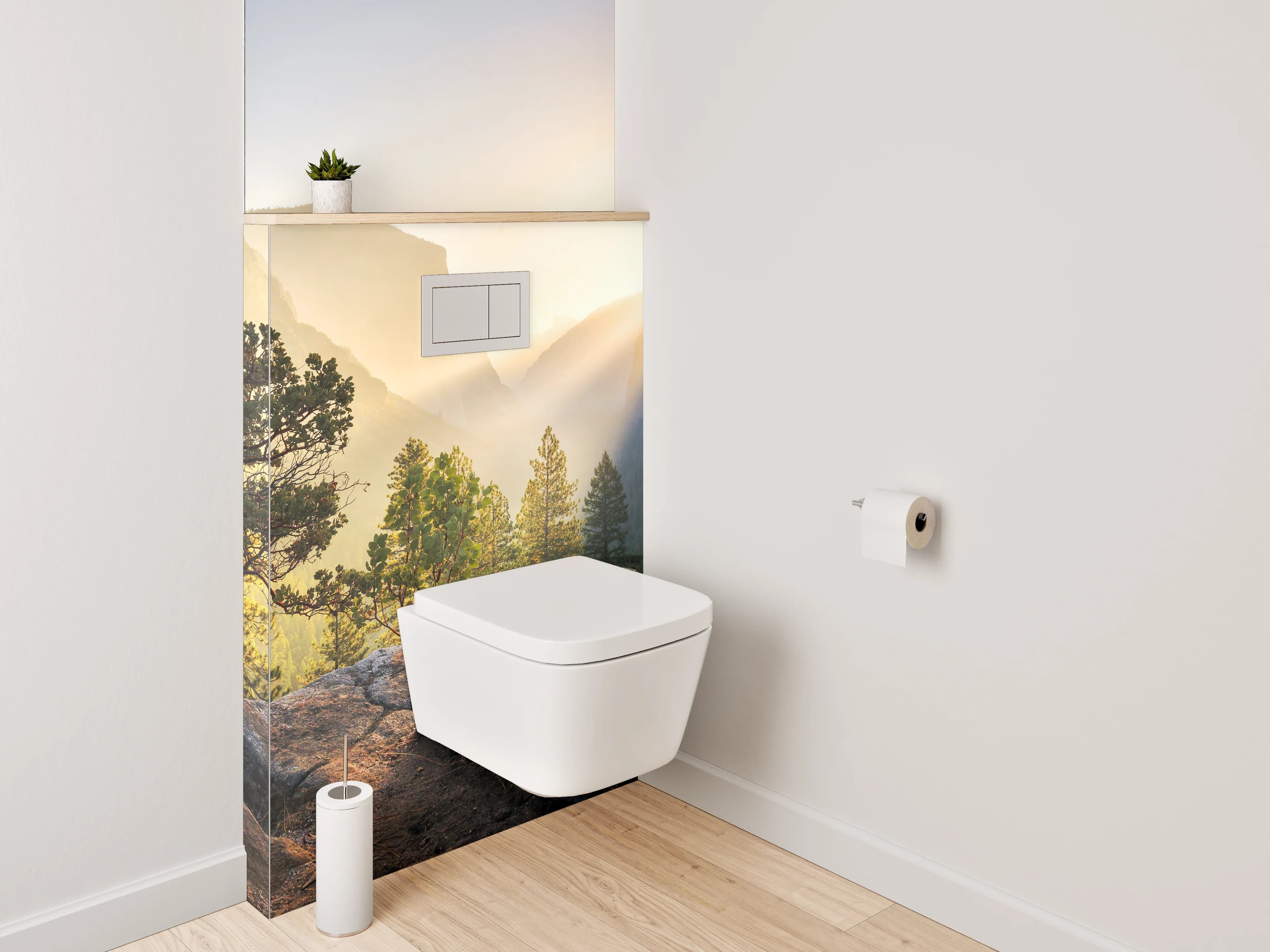 WC-Rückwand - Morgenstimmung in den Bergen mit Sonnenstrahlen