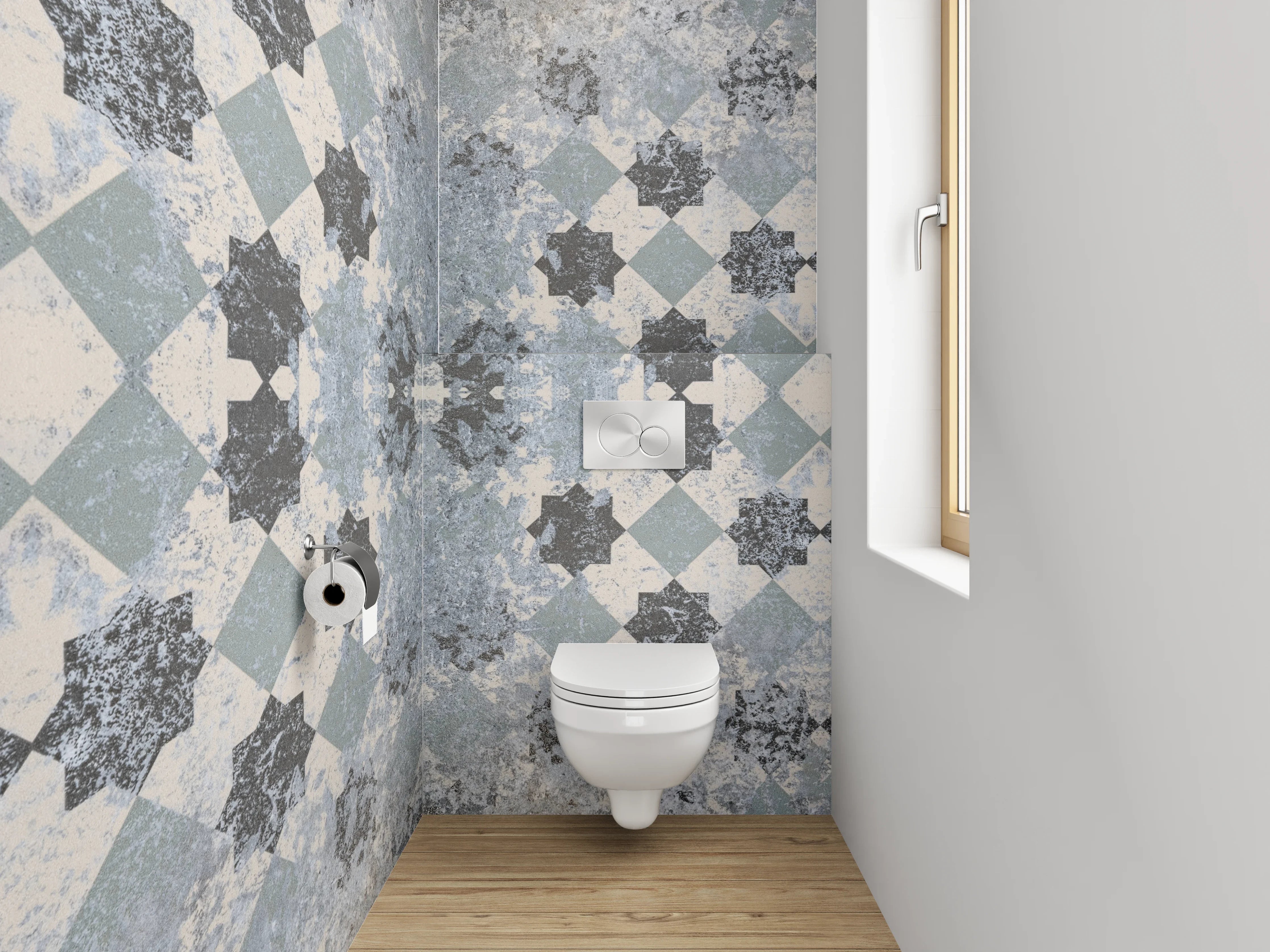 WC-Rückwand - Mosaik Fliesenmuster in Grau und Weiß