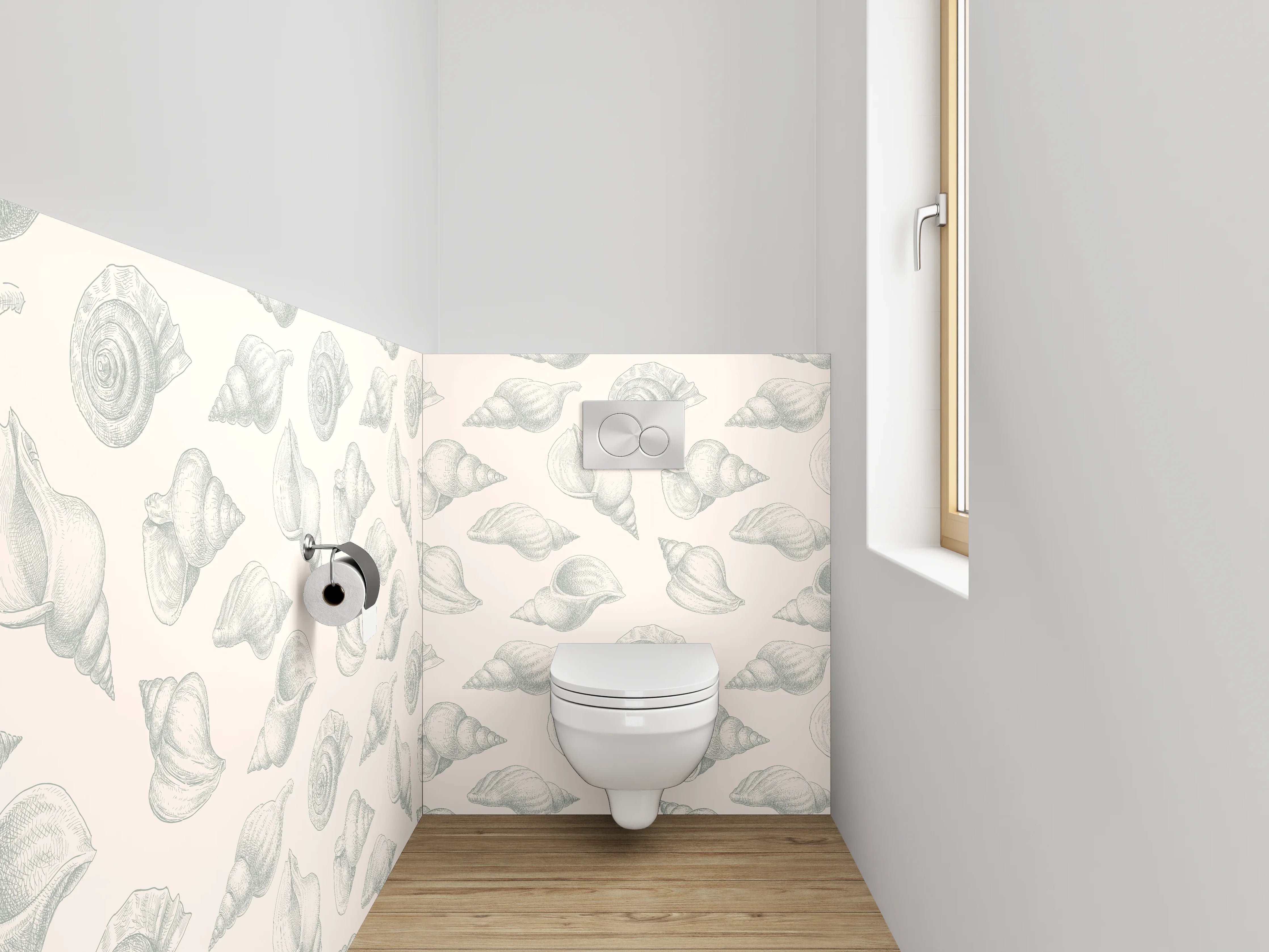 WC-Rückwand - Muscheln Muster in Weiß und Grau
