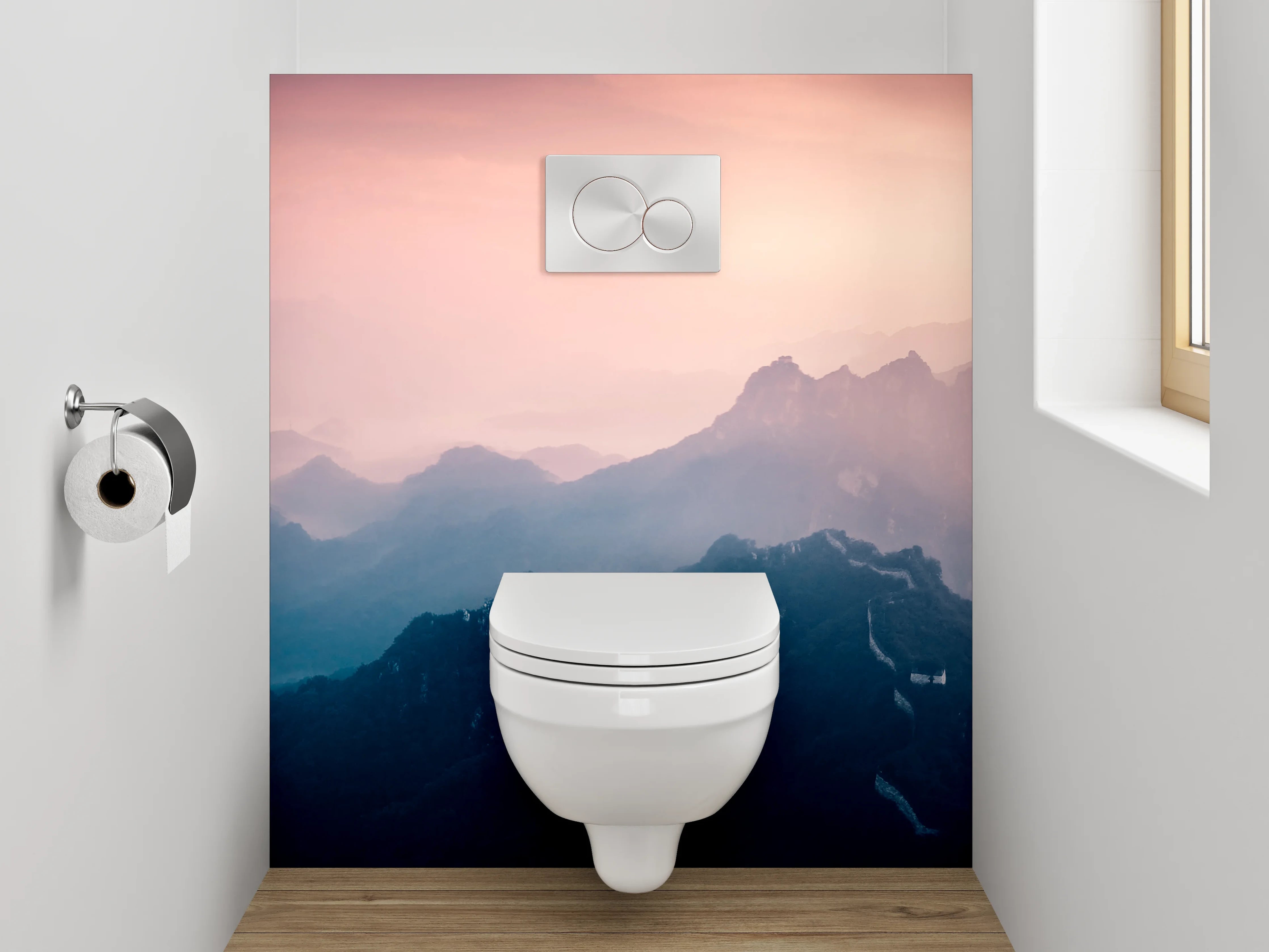 WC-Rückwand - Mystische Berge im sanften Morgenlicht