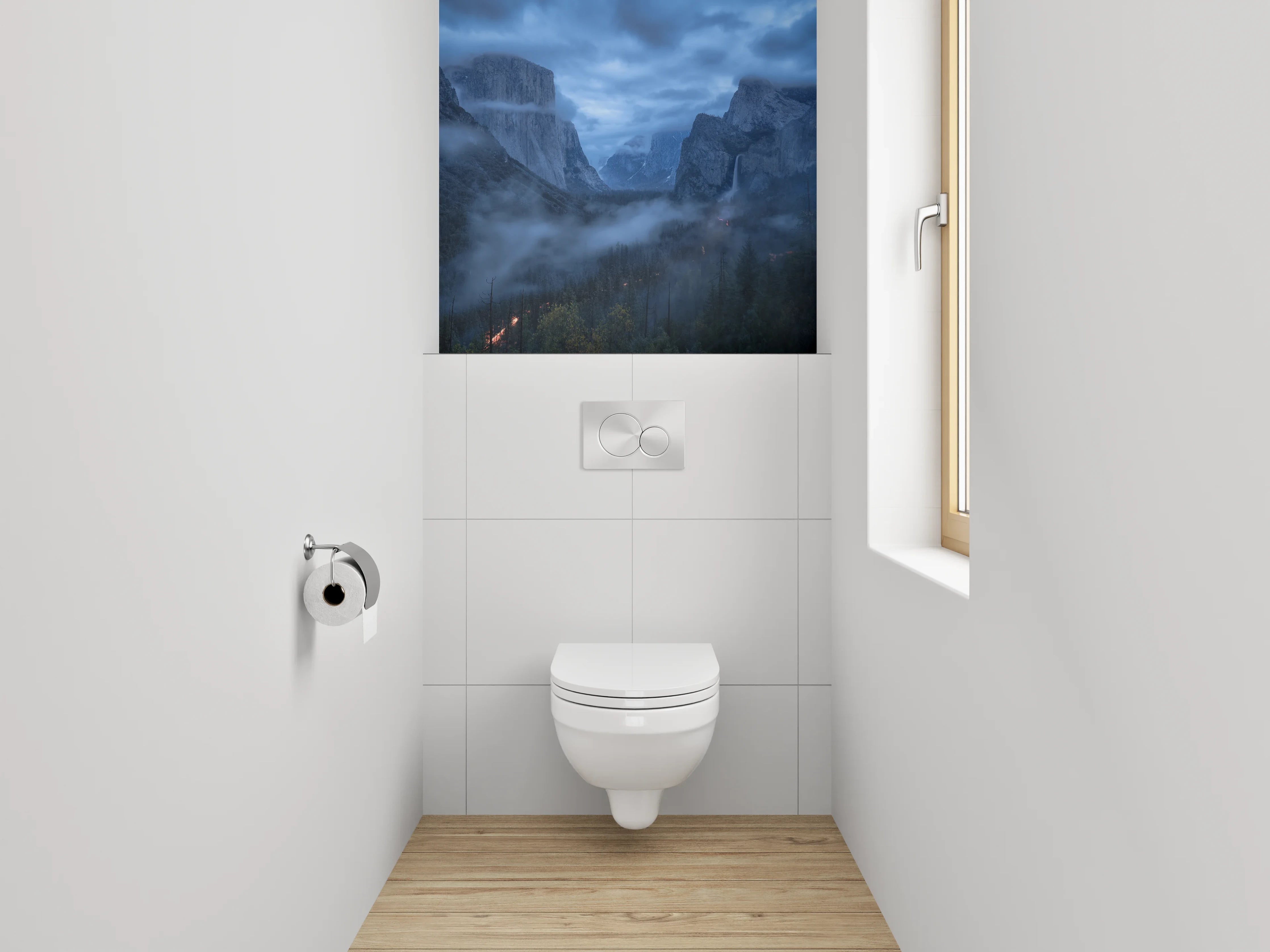 WC-Rückwand - Mystische Berglandschaft im Nebel