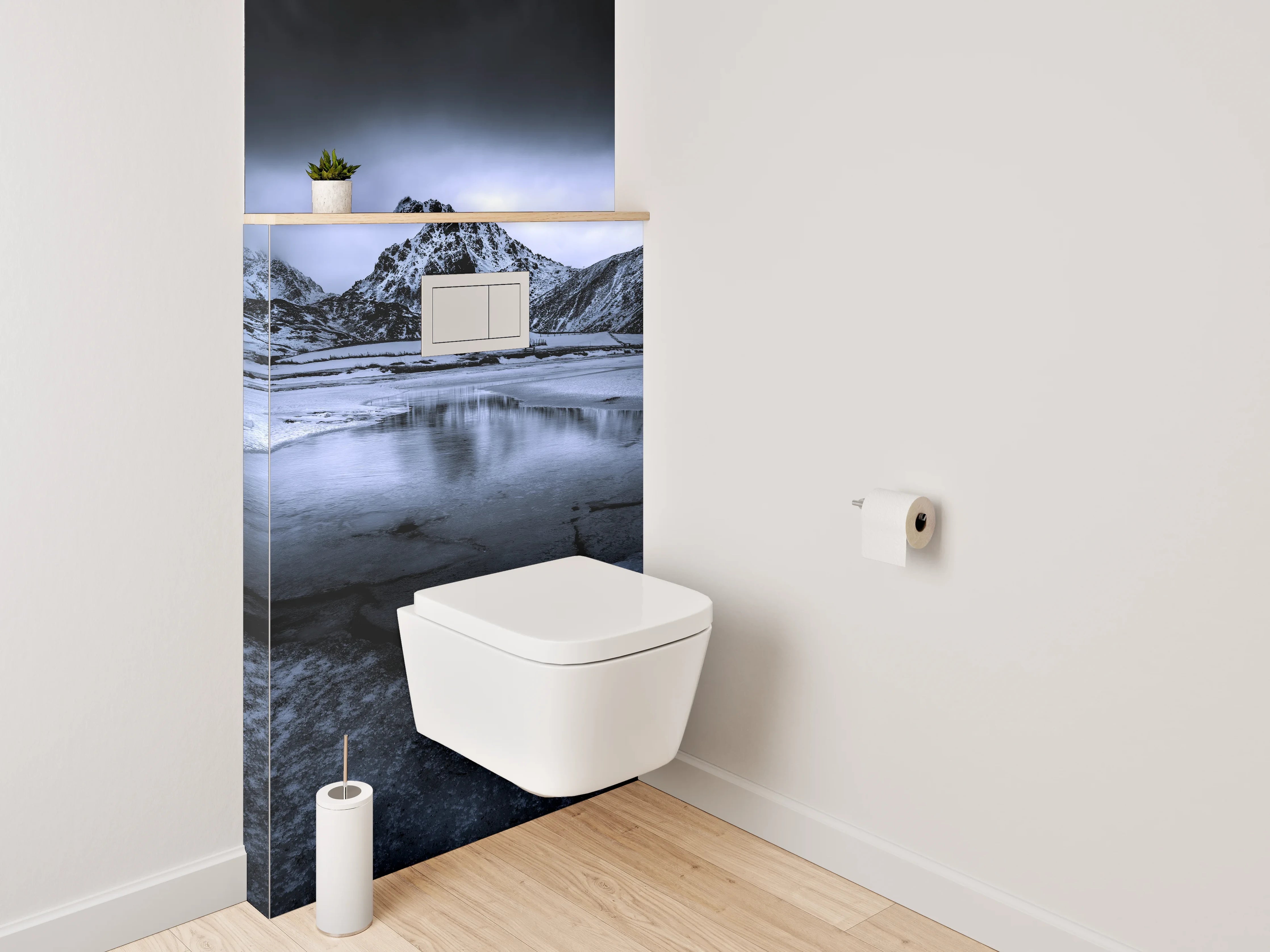 WC-Rückwand - Mystische Berglandschaft in Blau und Schwarz