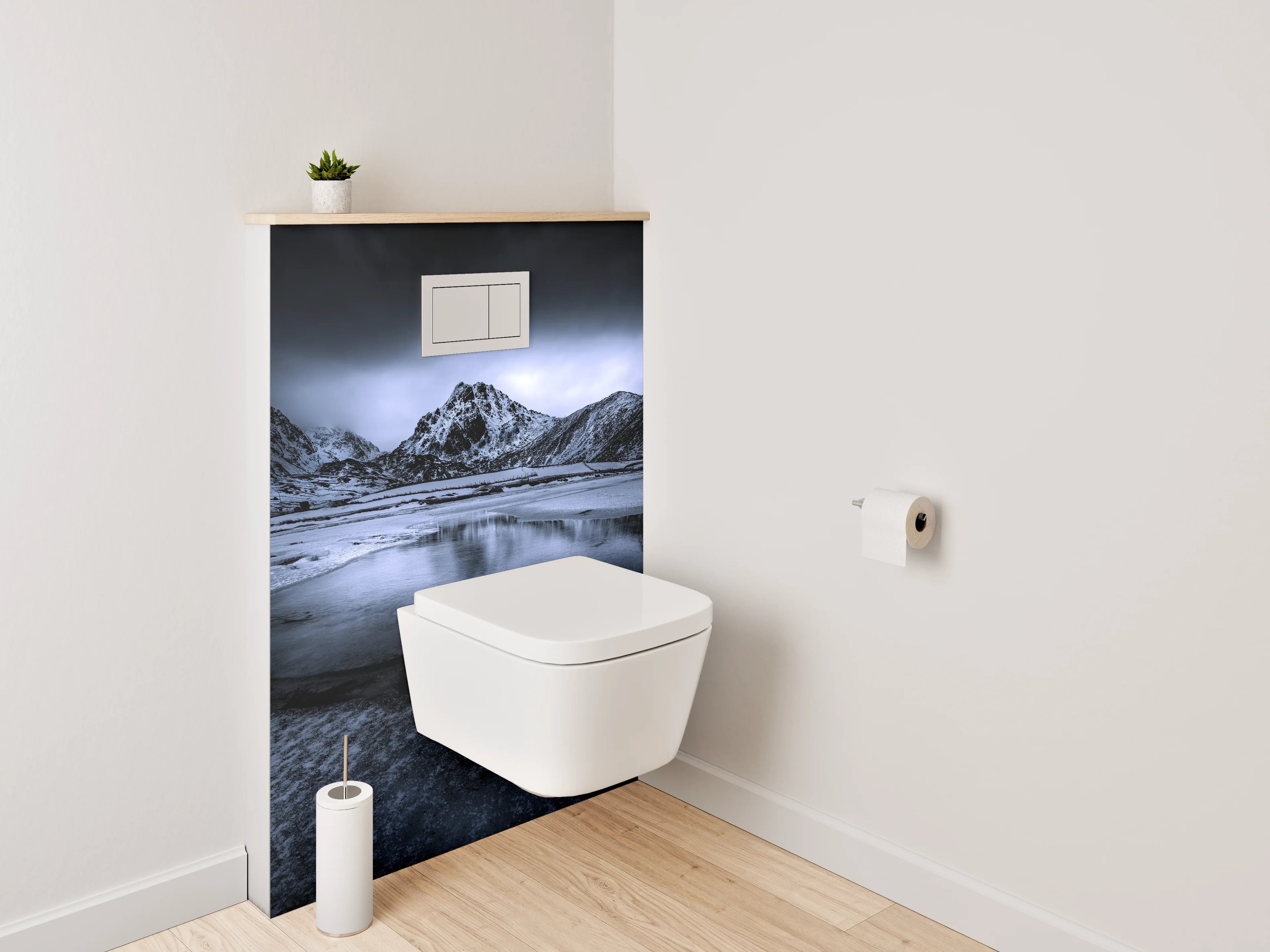 WC-Rückwand - Mystische Berglandschaft in Blau und Schwarz