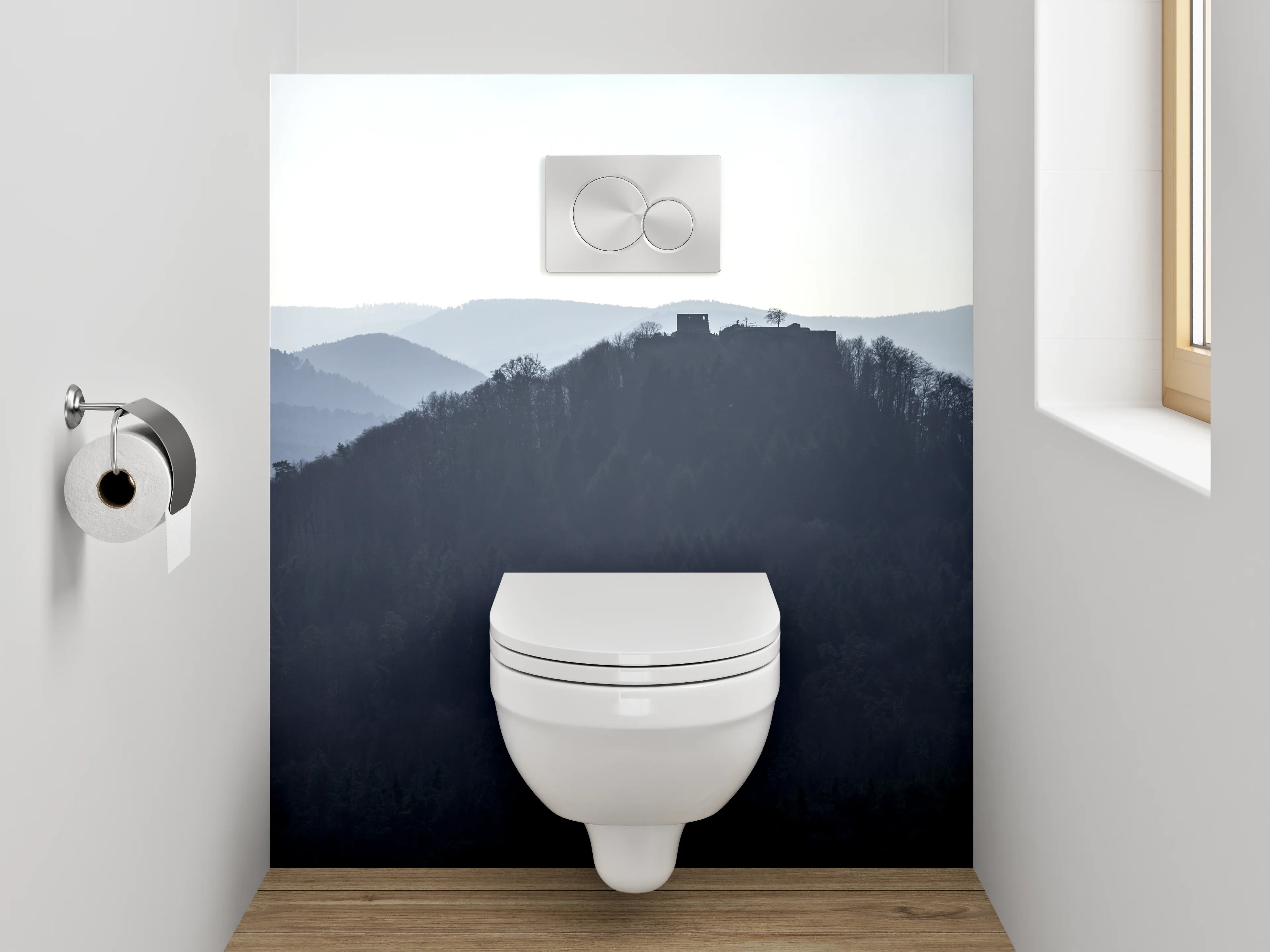 WC-Rückwand - Mystische Bergsilhouette im Morgennebel