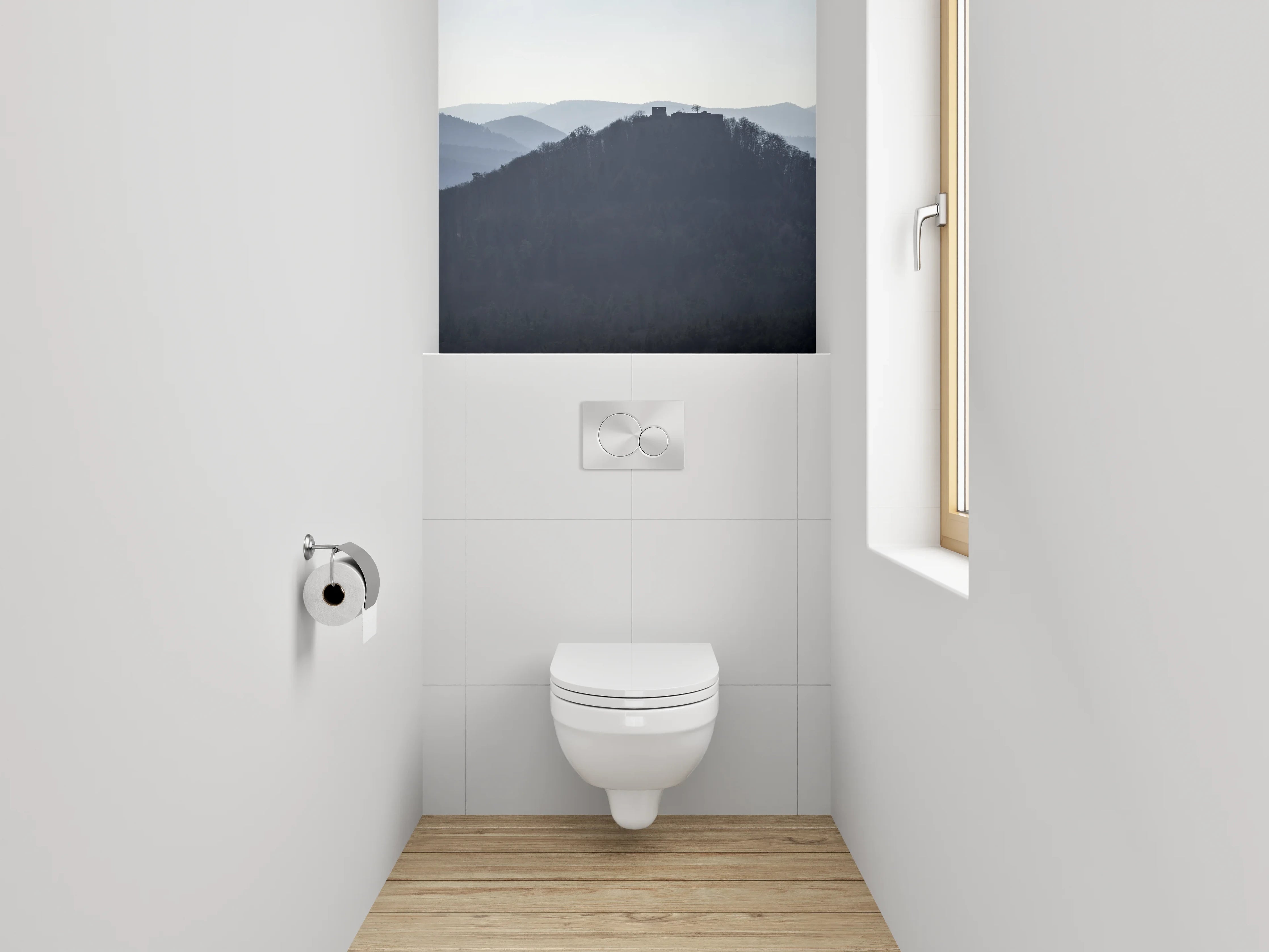 WC-Rückwand - Mystische Bergsilhouette im Morgennebel