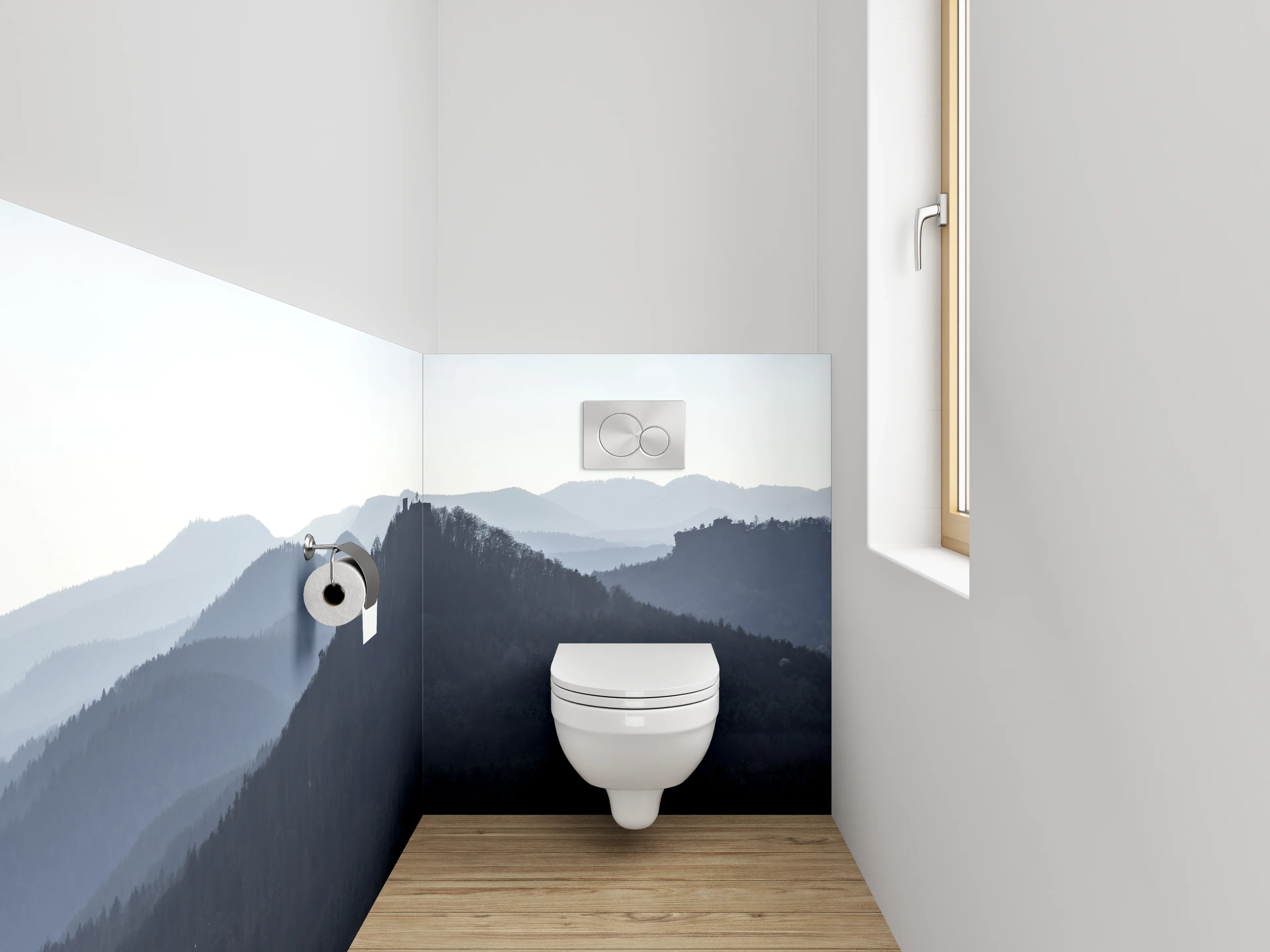 WC-Rückwand - Mystische Bergsilhouette im Morgennebel
