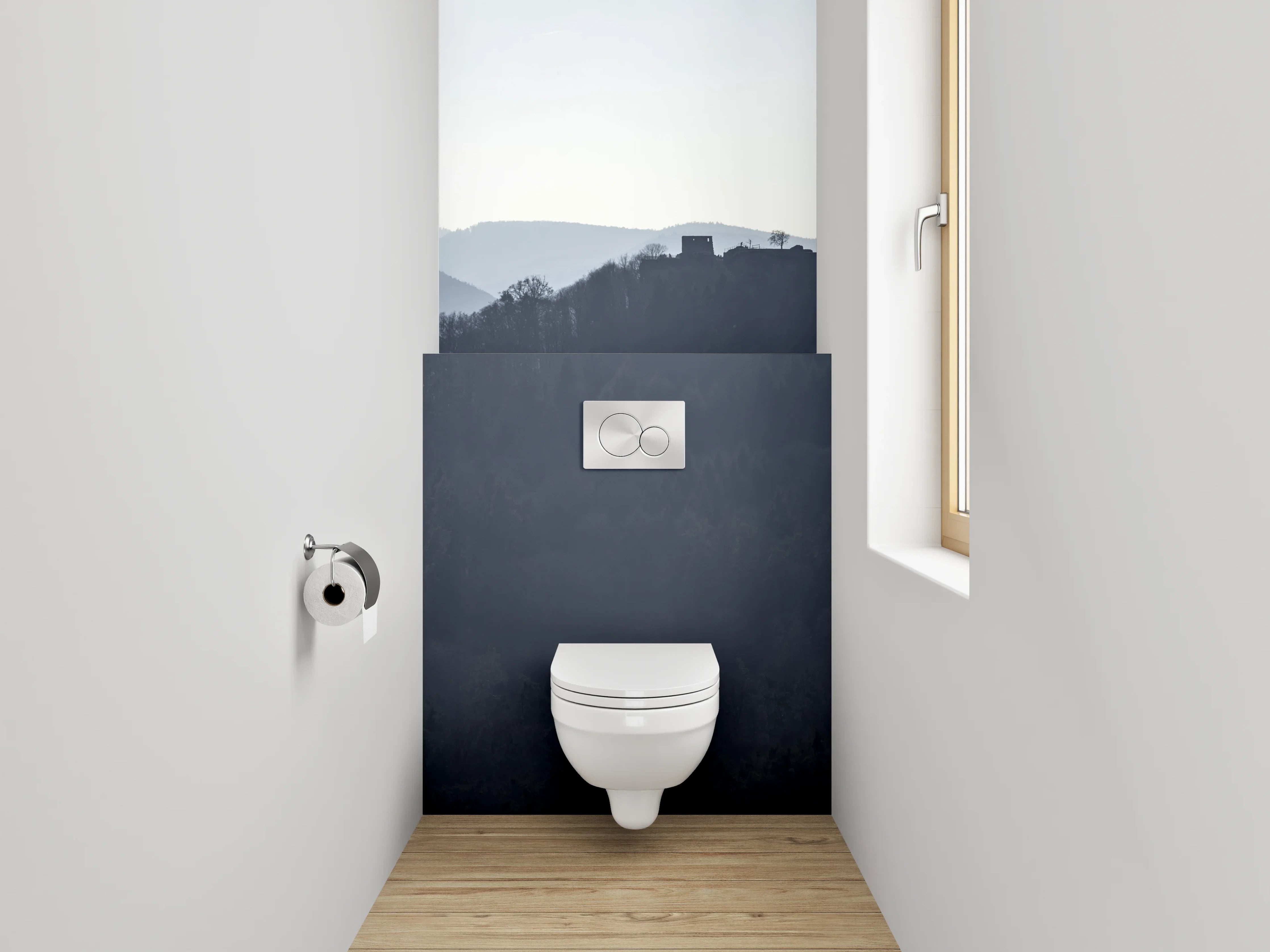 WC-Rückwand - Mystische Bergsilhouette im Morgennebel