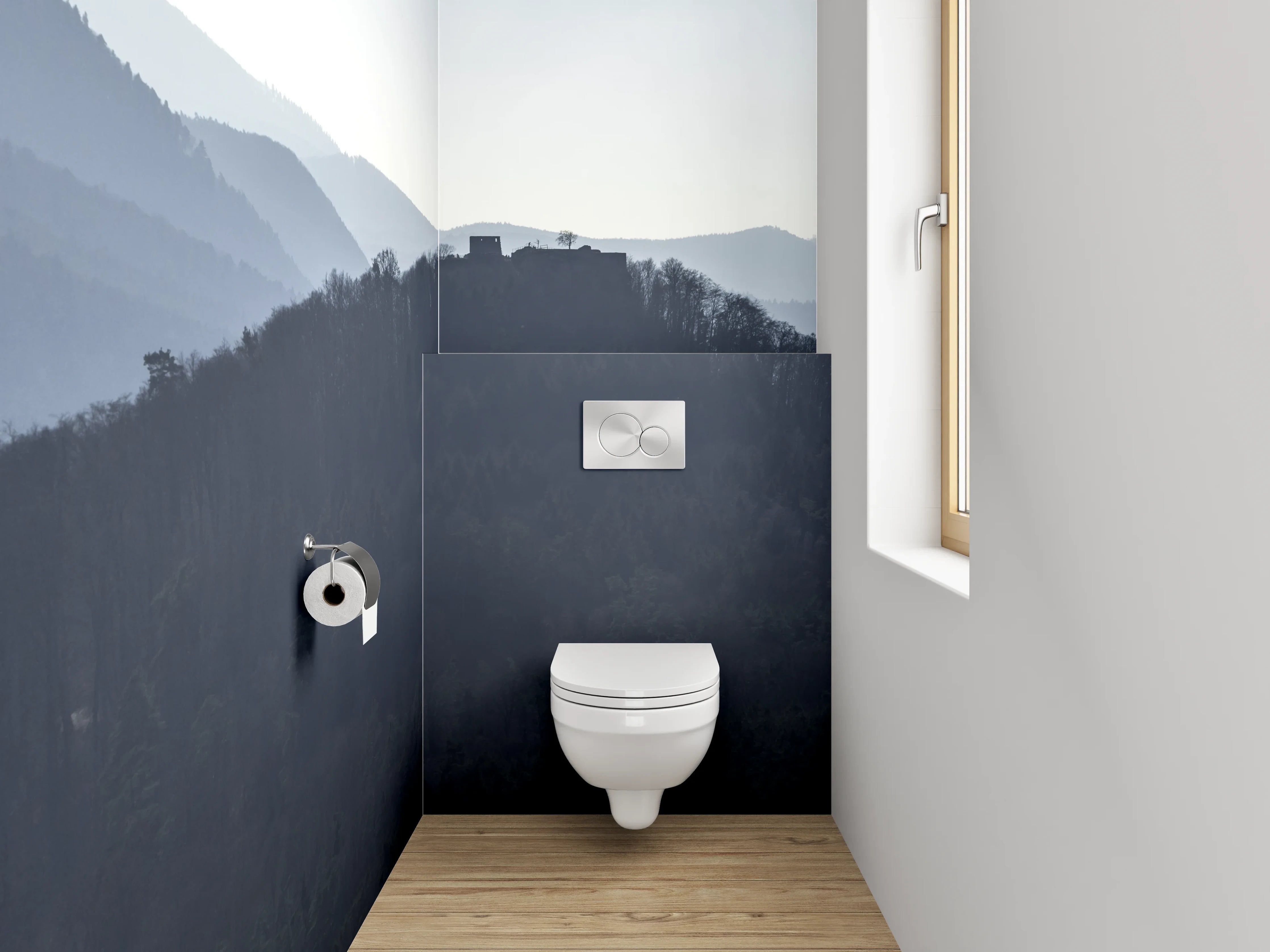 WC-Rückwand - Mystische Bergsilhouette im Morgennebel