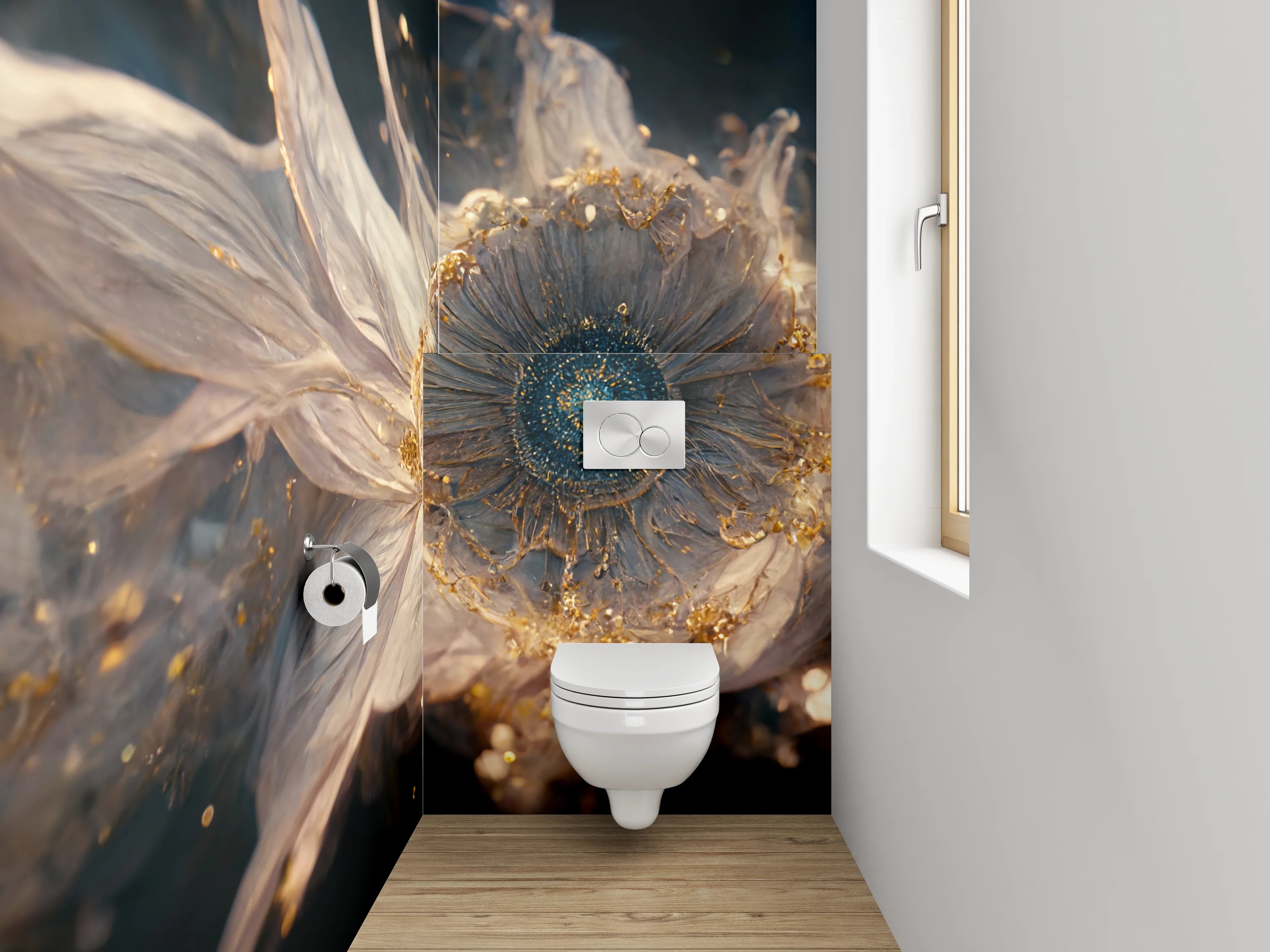WC-Rückwand - Mystische Blume mit Goldakzenten