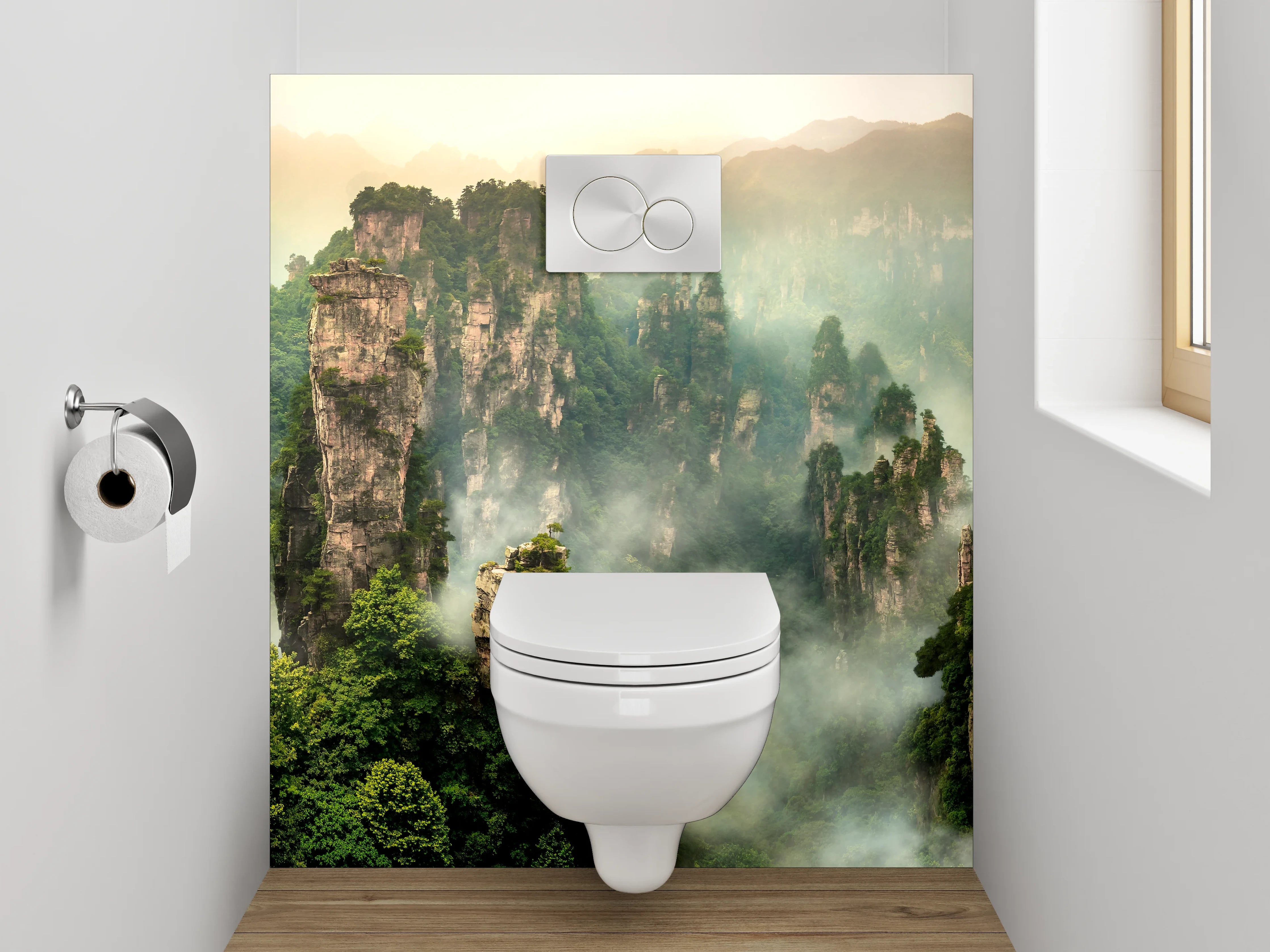 WC-Rückwand - Mystische Felsenlandschaft im Nebel