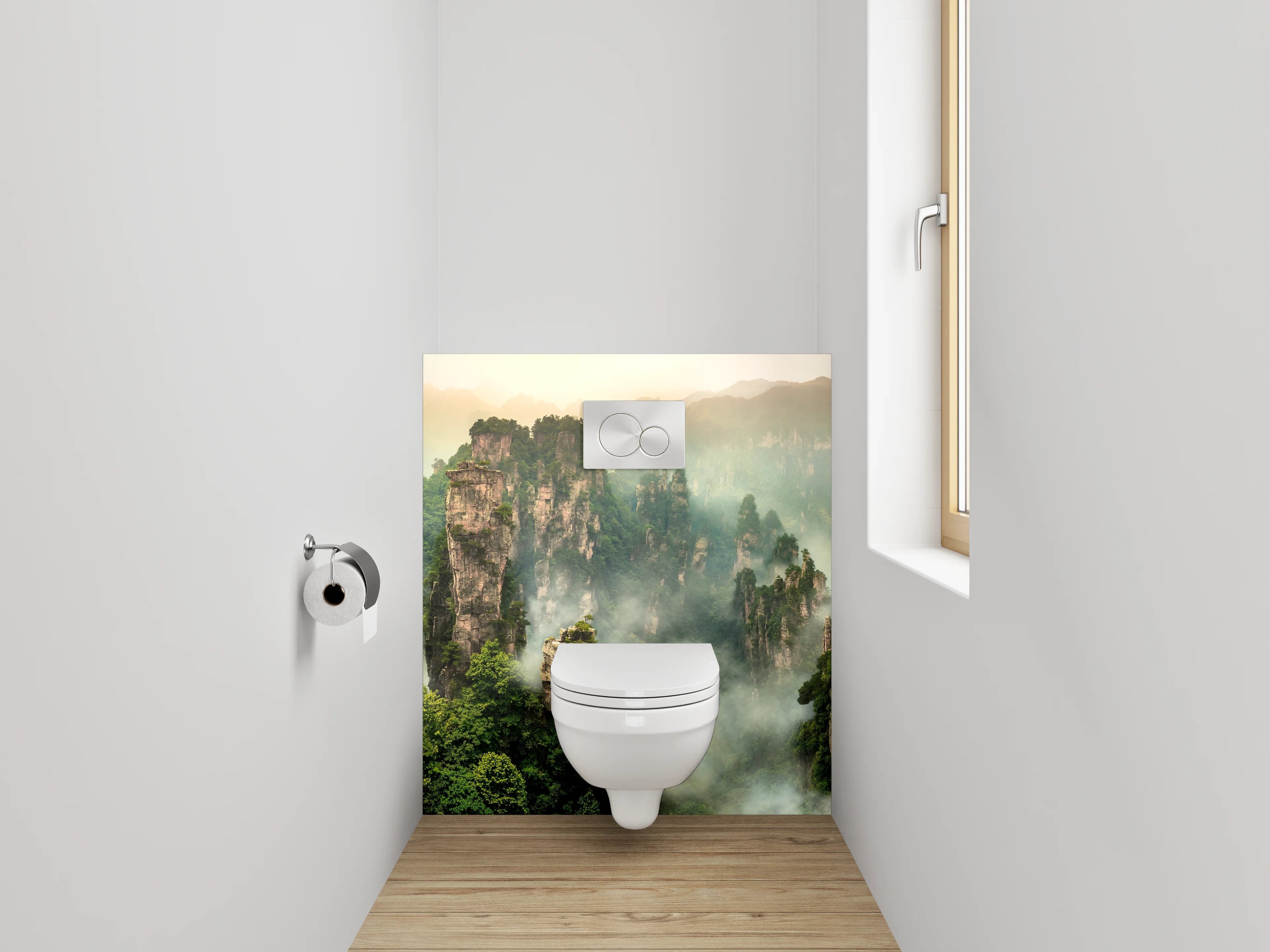 WC-Rückwand - Mystische Felsenlandschaft im Nebel