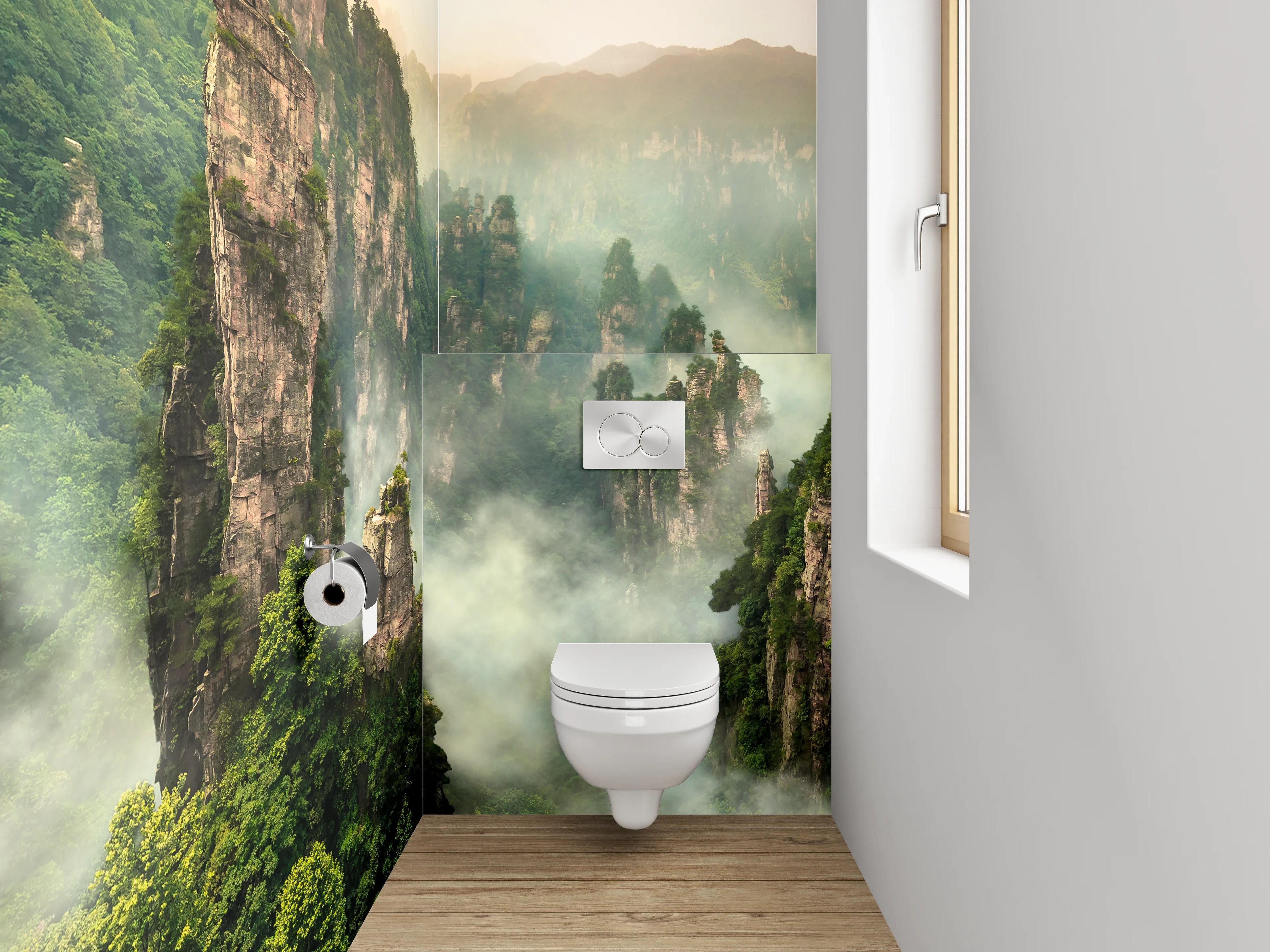 WC-Rückwand - Mystische Felsenlandschaft im Nebel