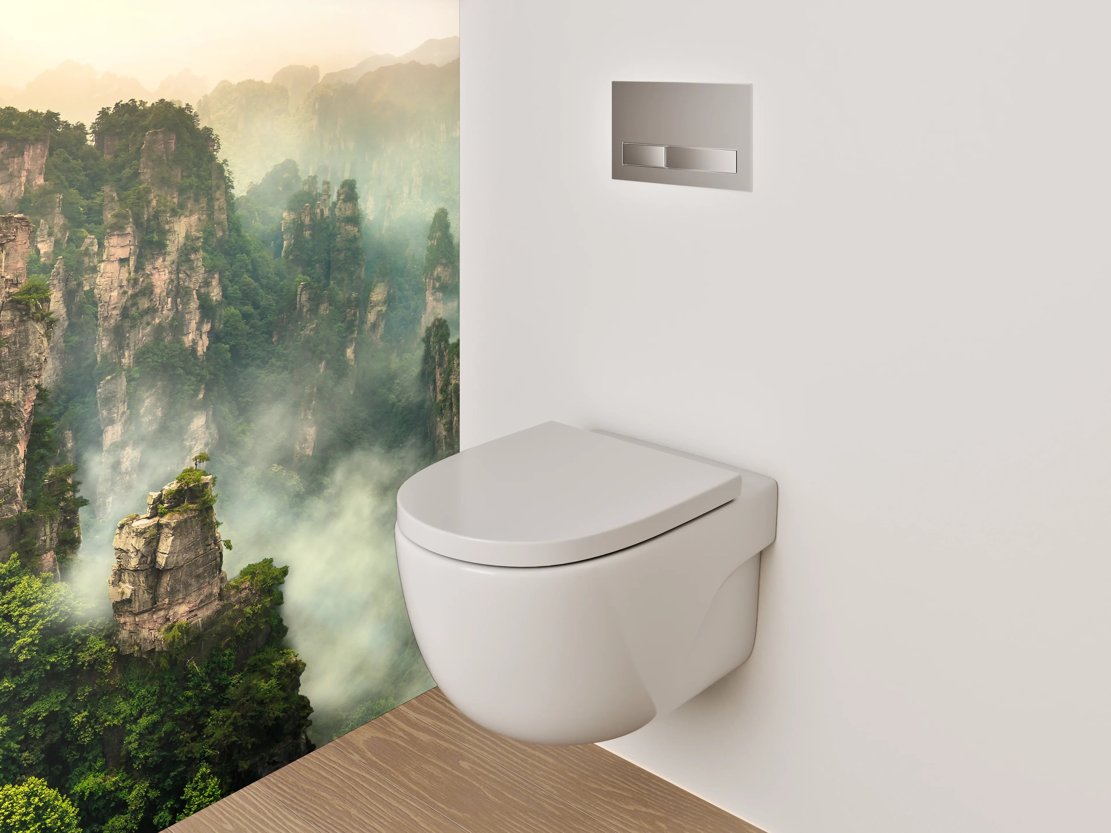 WC-Rückwand - Mystische Felsenlandschaft im Nebel