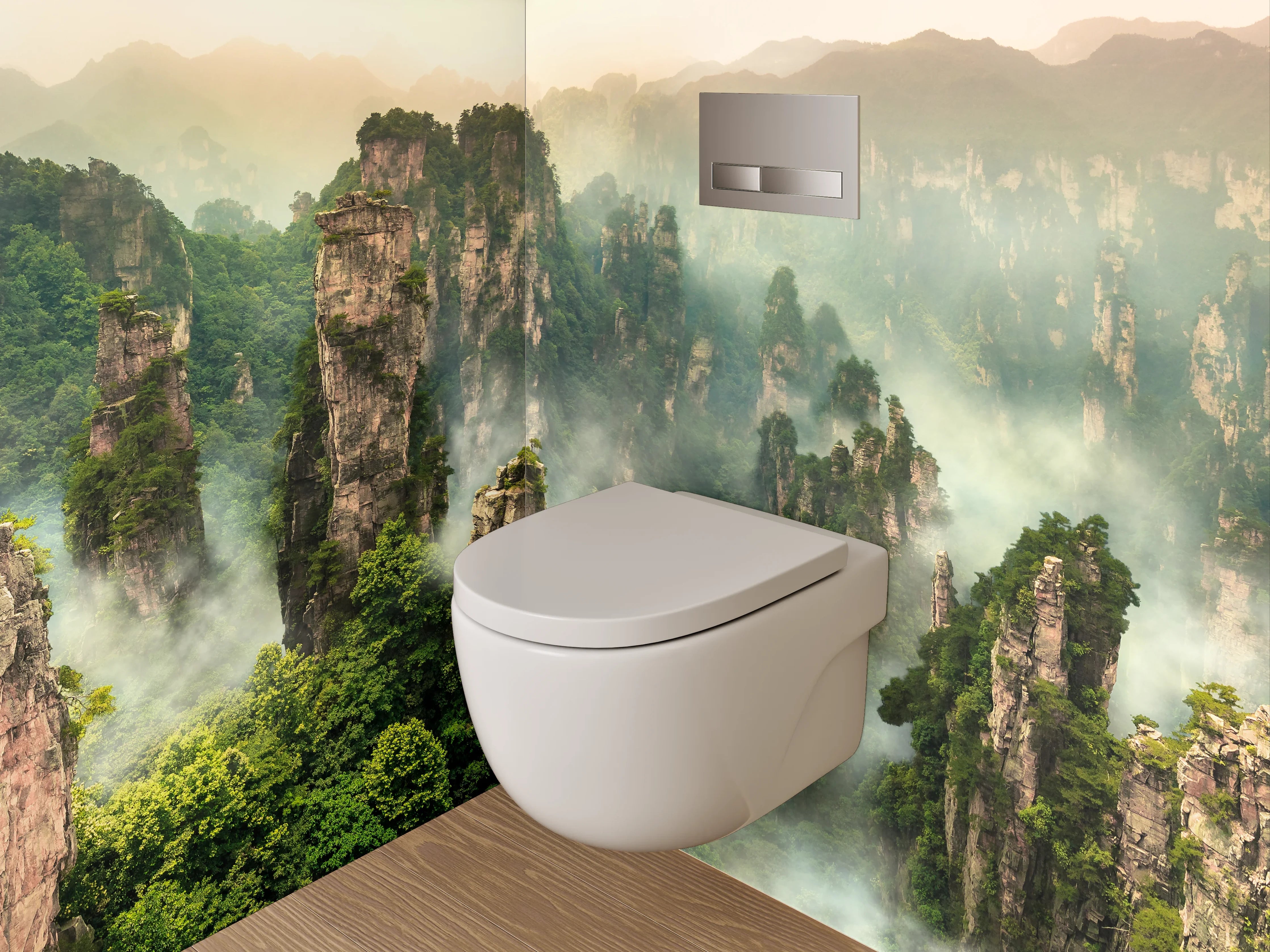 WC-Rückwand - Mystische Felsenlandschaft im Nebel