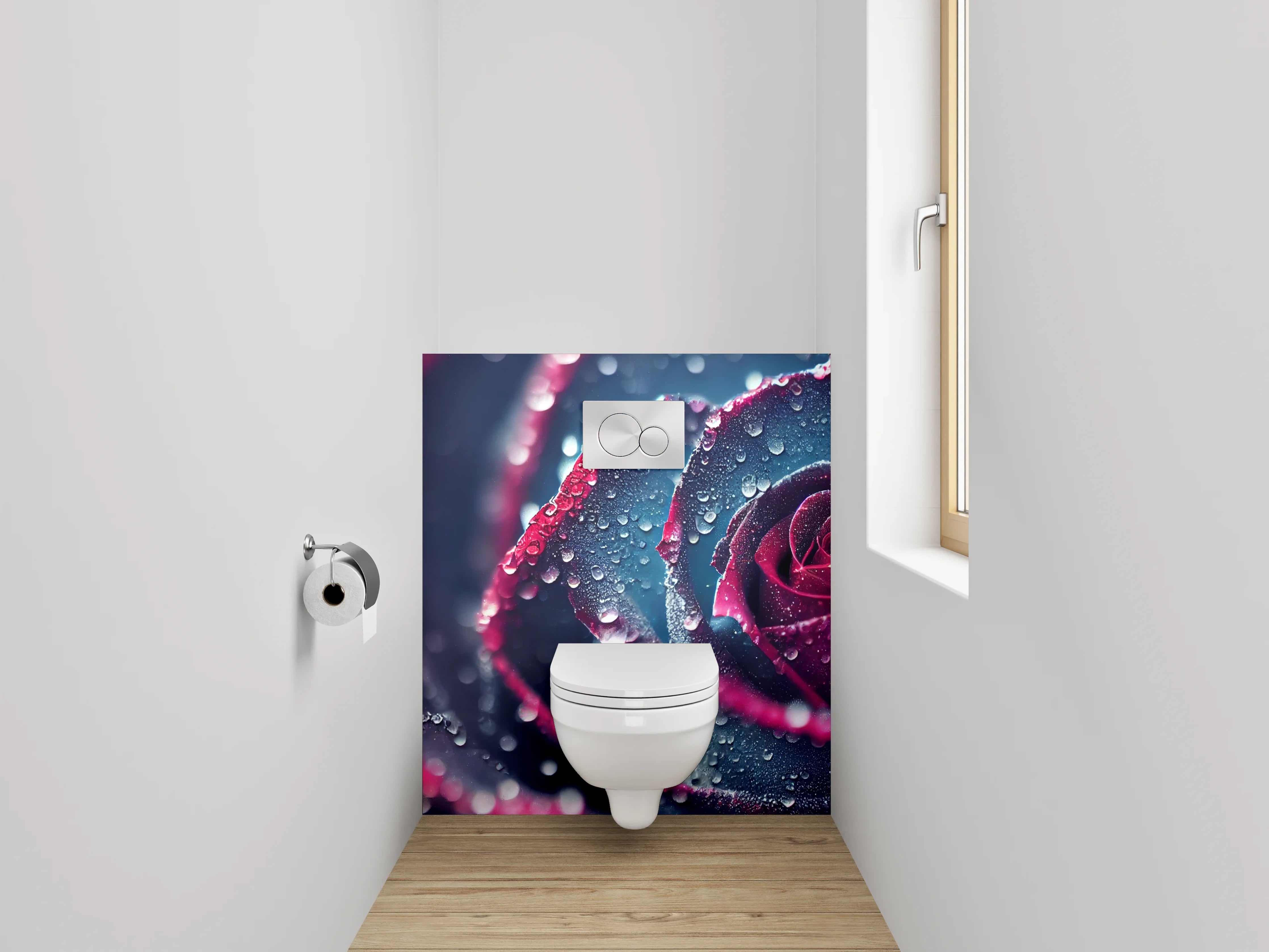 WC-Rückwand - Mystische Rosenblüte mit Tautropfen