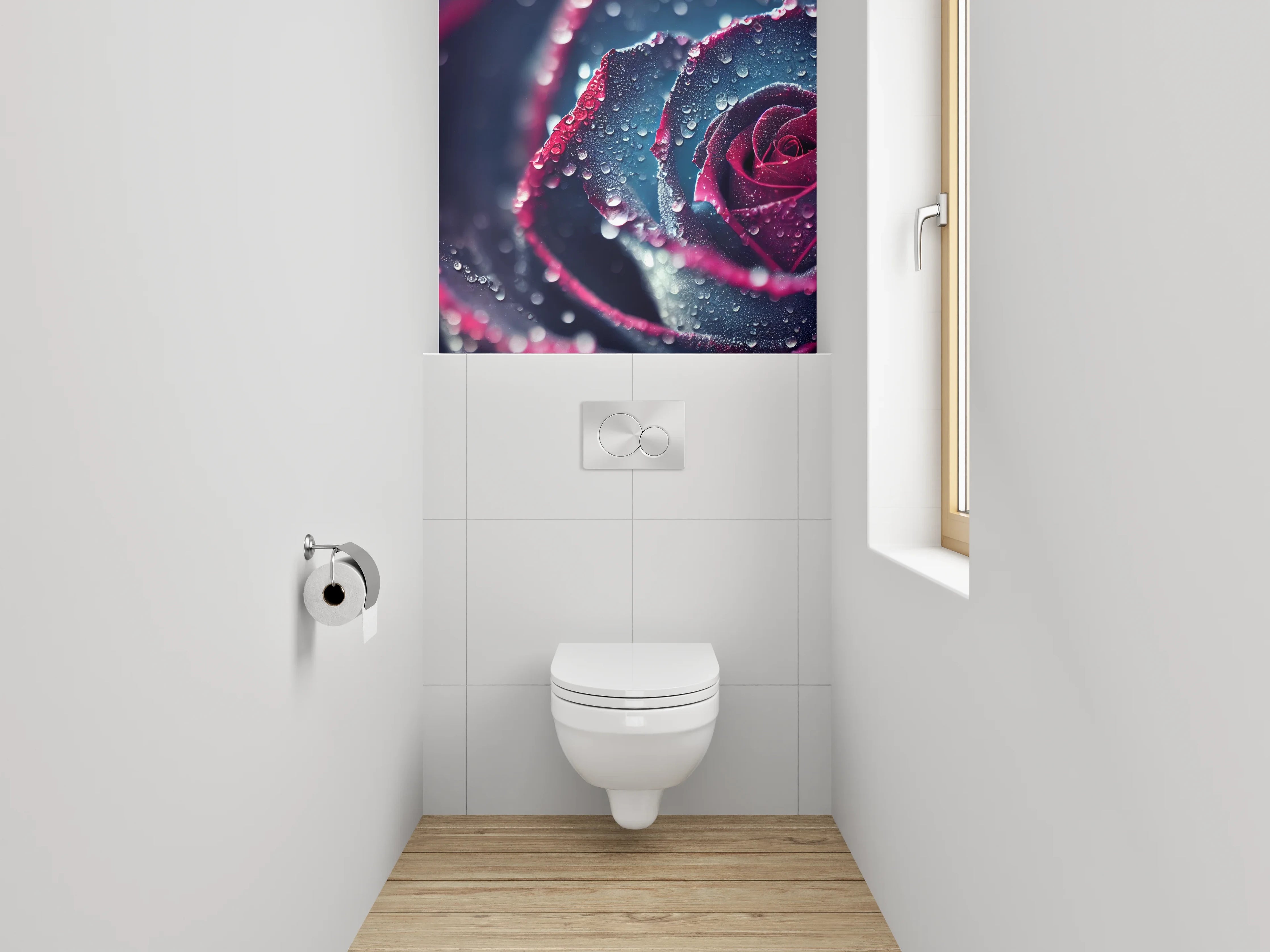 WC-Rückwand - Mystische Rosenblüte mit Tautropfen
