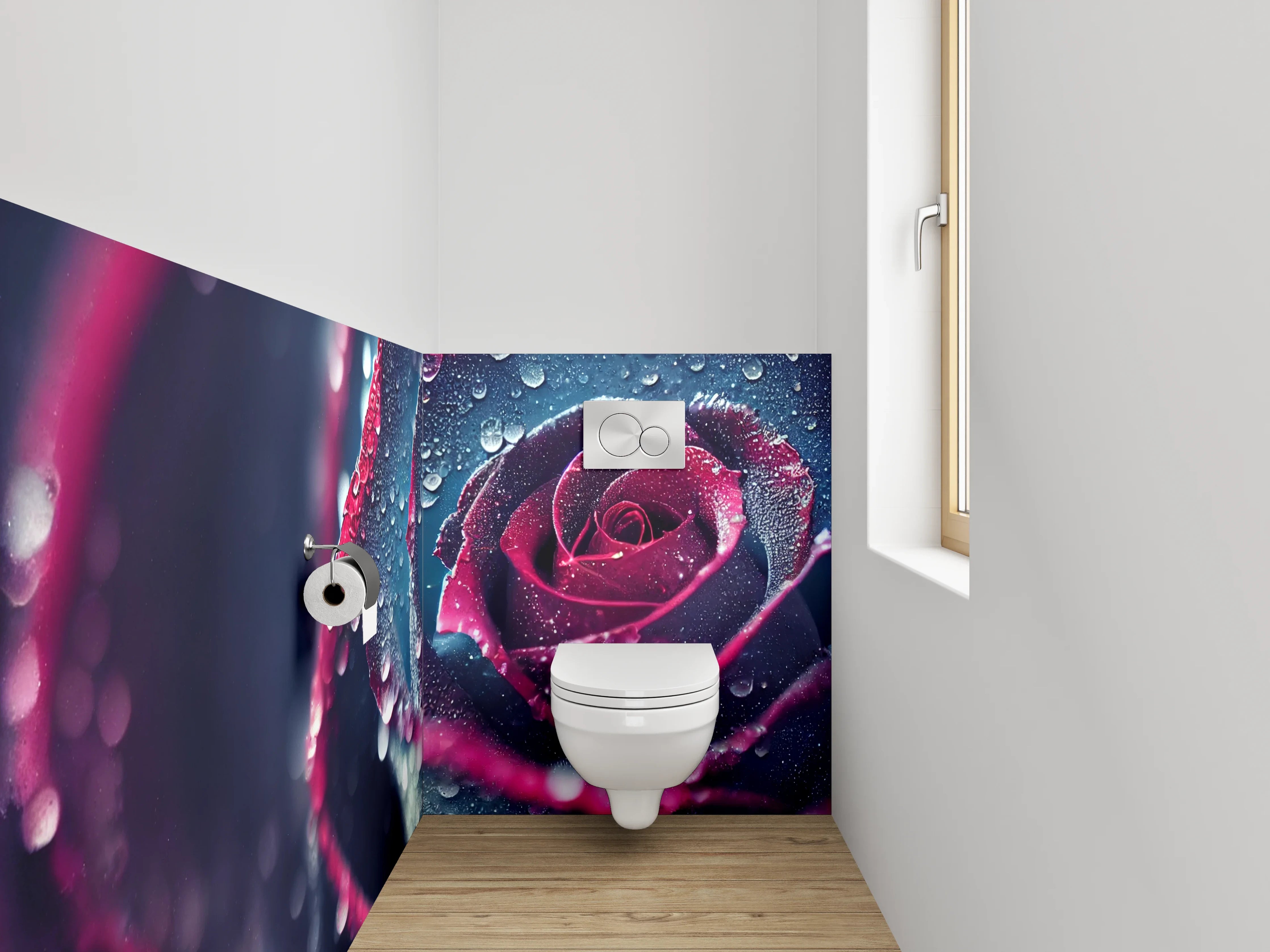 WC-Rückwand - Mystische Rosenblüte mit Tautropfen