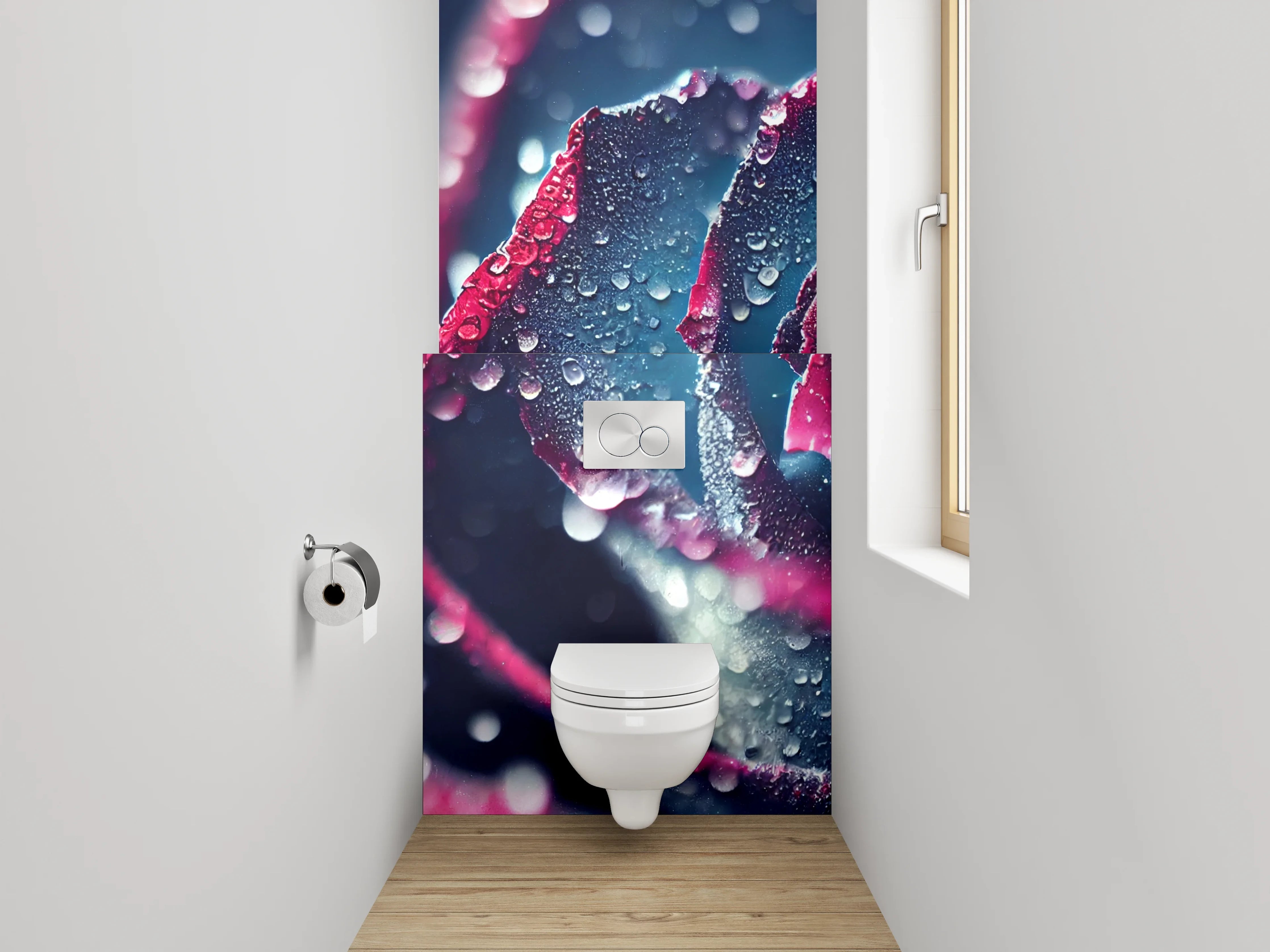 WC-Rückwand - Mystische Rosenblüte mit Tautropfen