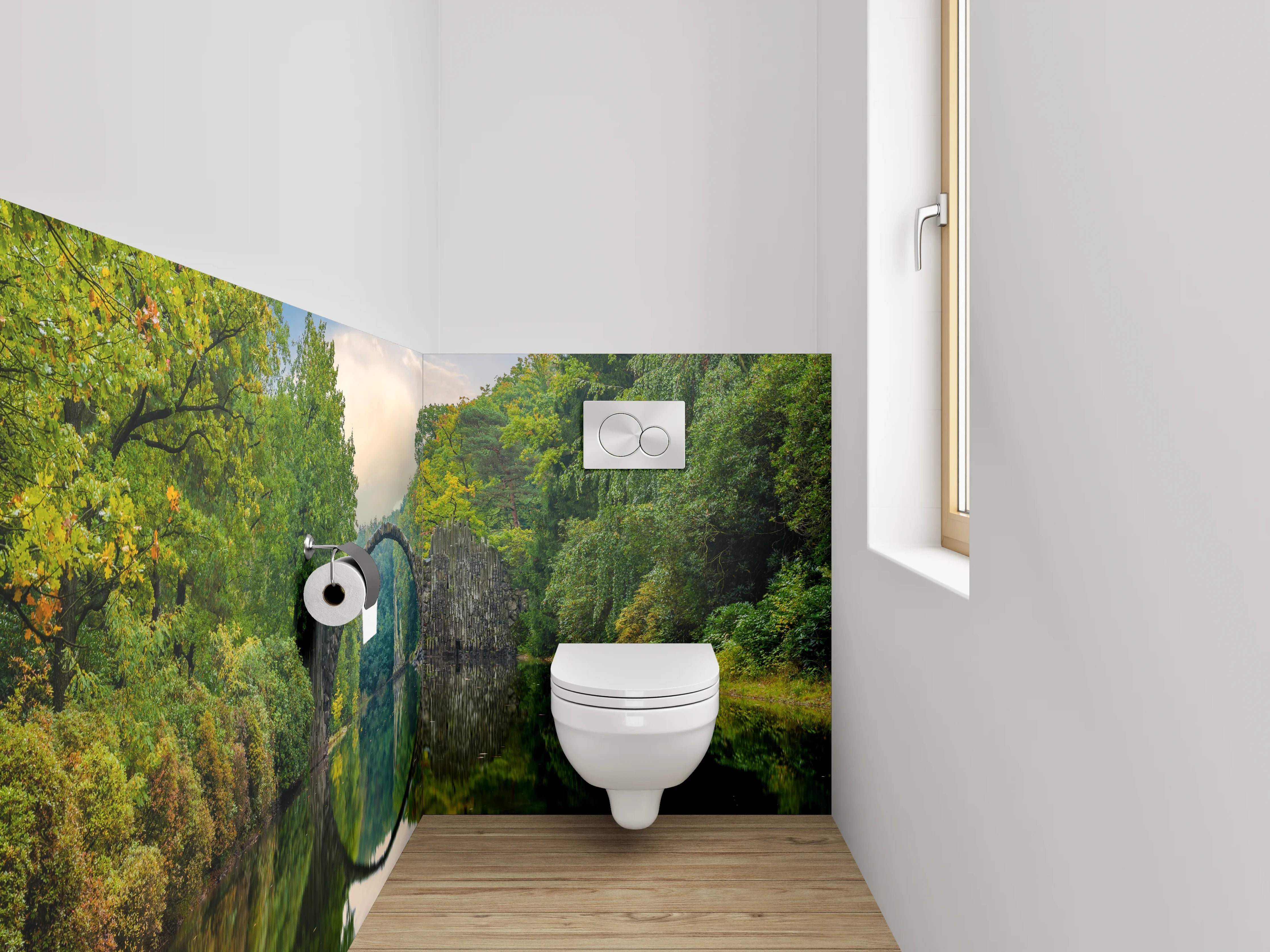 WC-Rückwand - Mystische Steinbrücke im Grünen