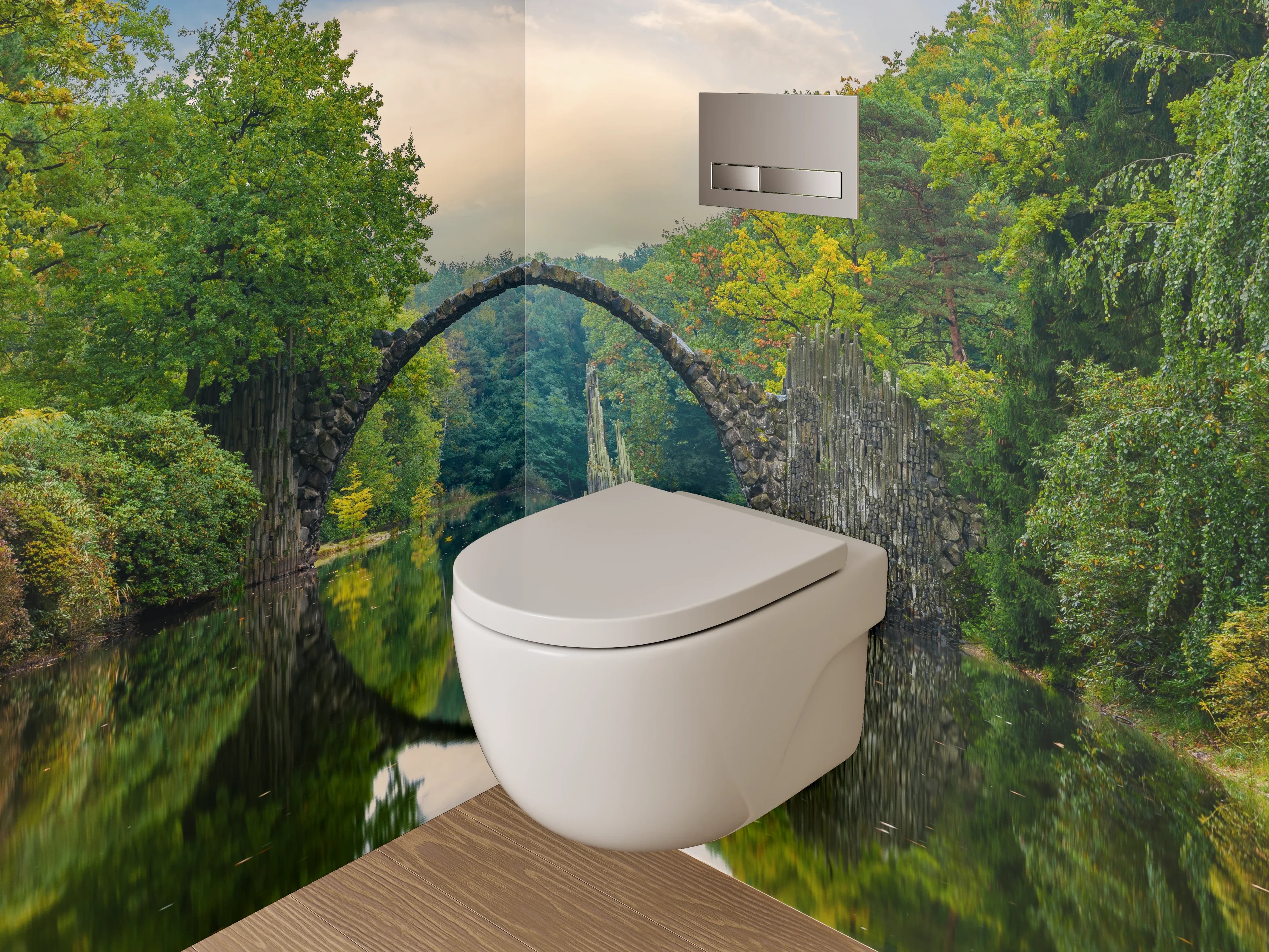 WC-Rückwand - Mystische Steinbrücke im Grünen