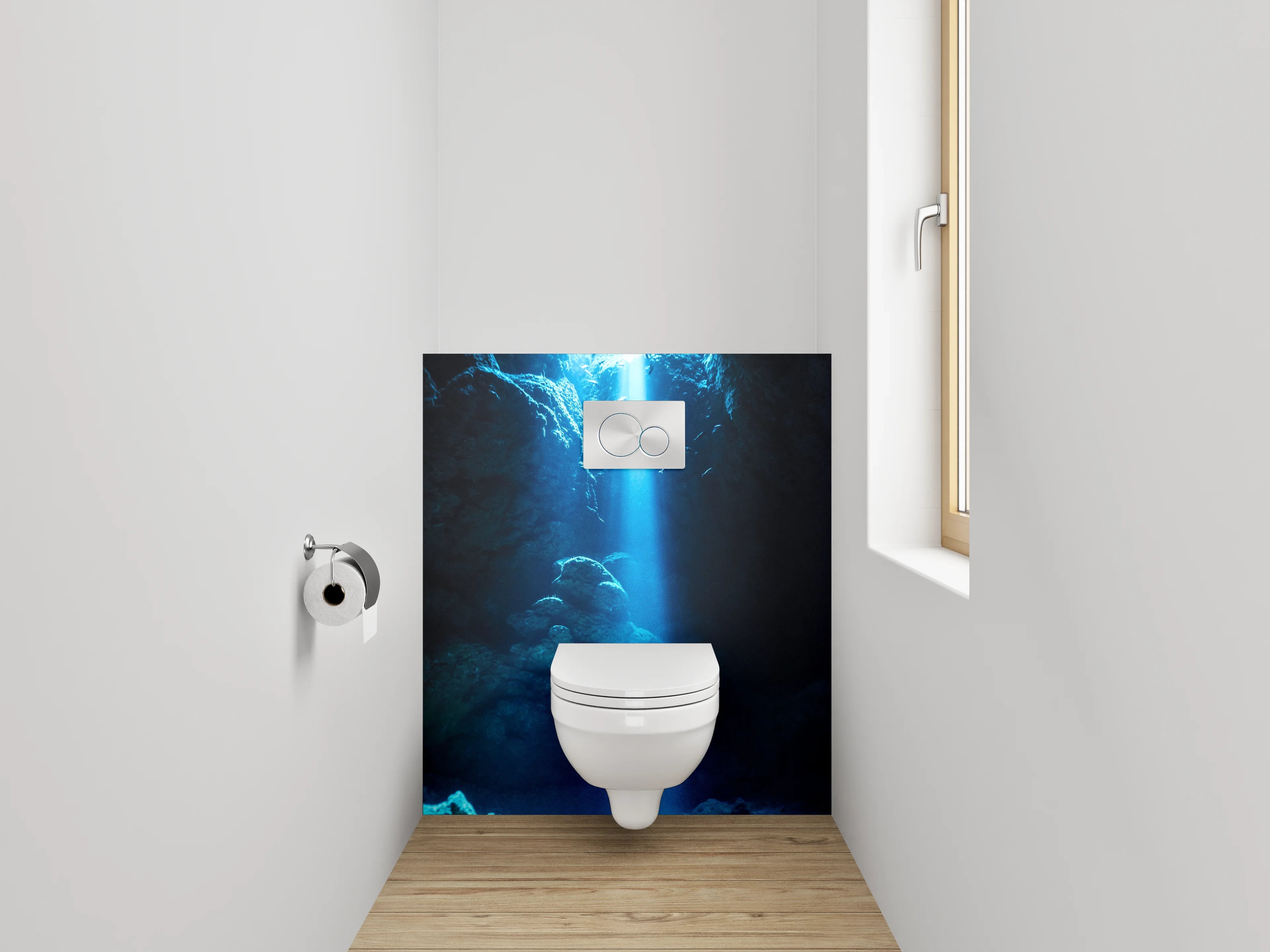 WC-Rückwand - Mystische Unterwasserhöhle Lichtstrahl