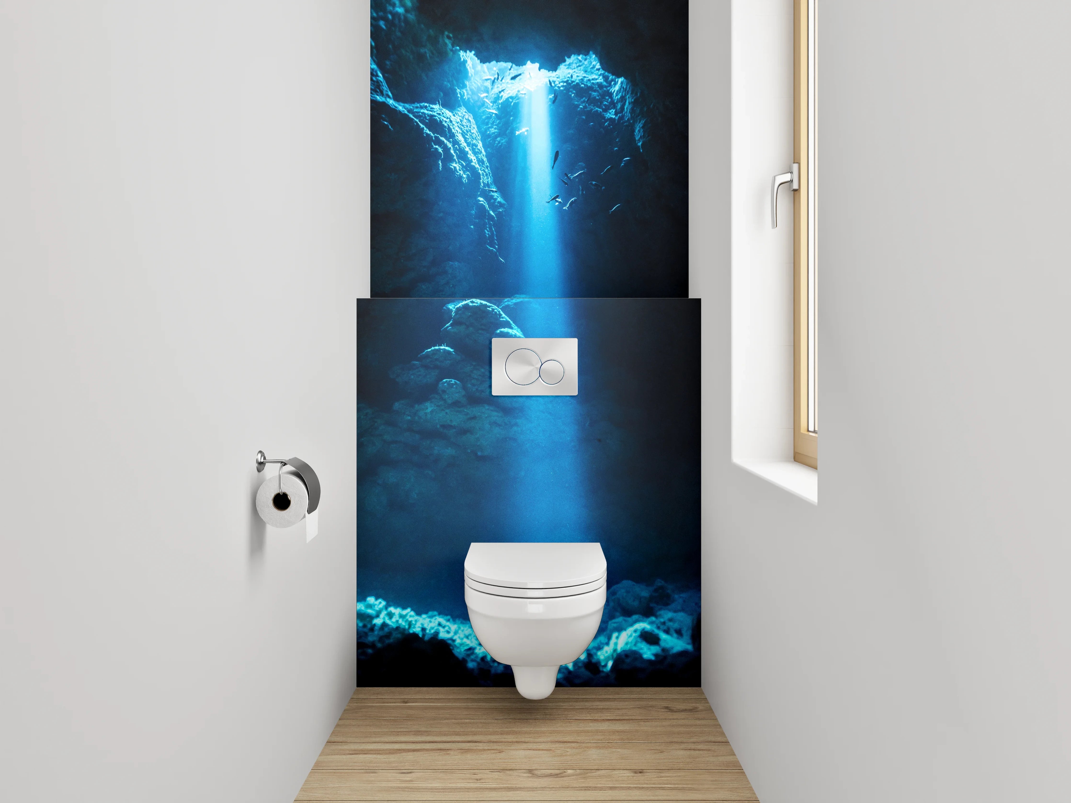 WC-Rückwand - Mystische Unterwasserhöhle Lichtstrahl