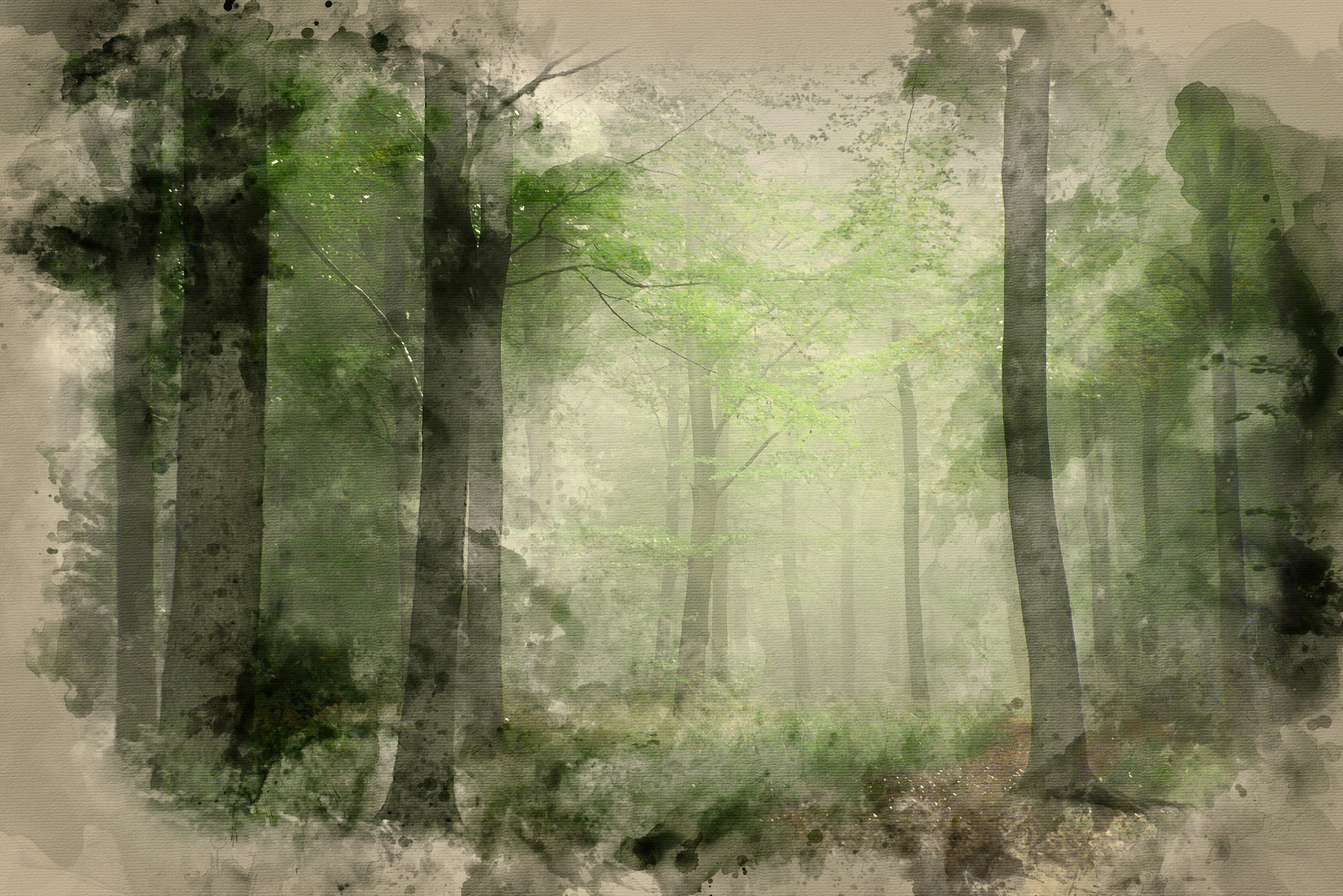 WC-Rückwand-Mystischer Aquarell-Wald Grün Grau