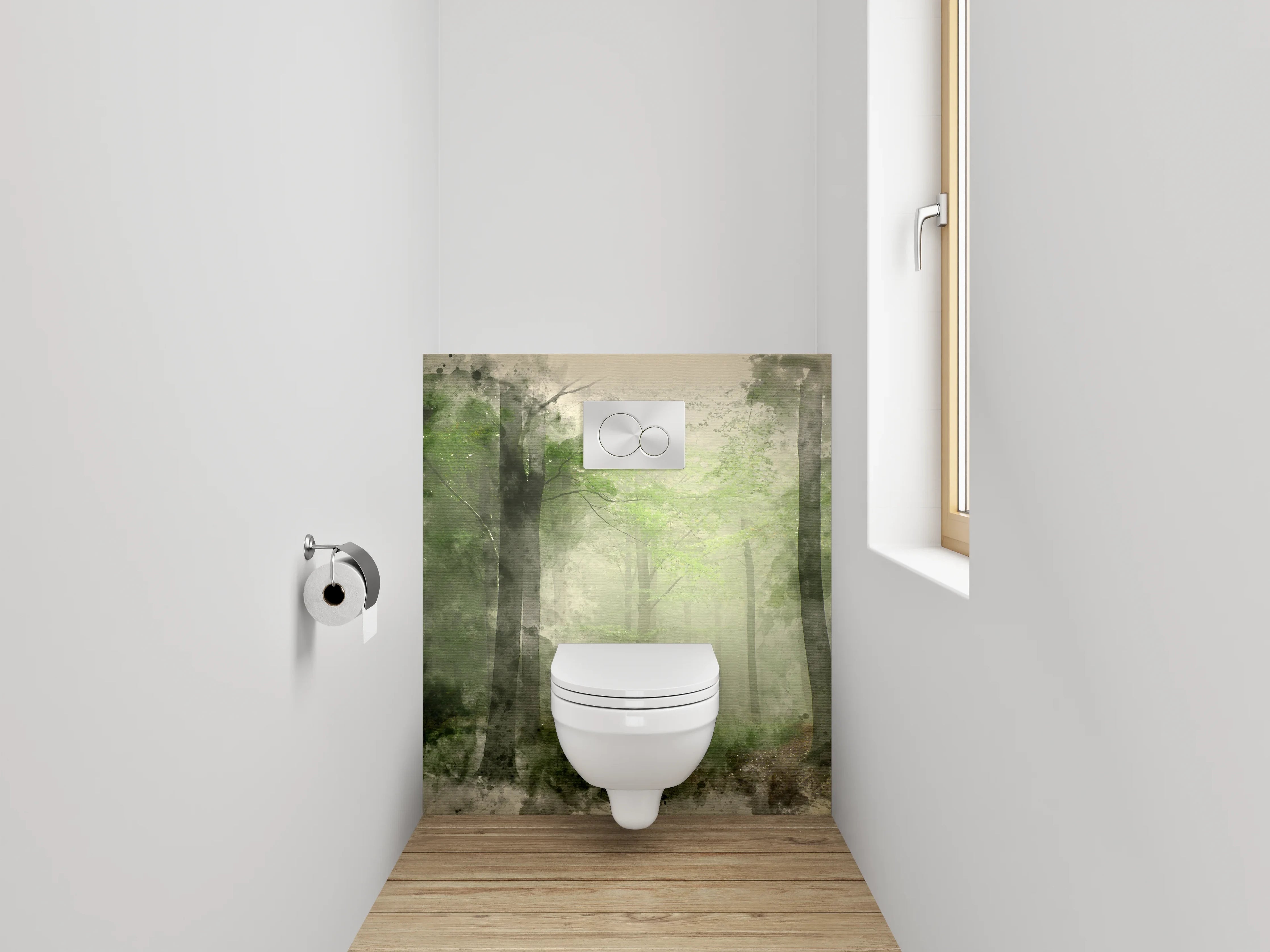 WC-Rückwand - Mystischer Aquarell-Wald Grün Grau