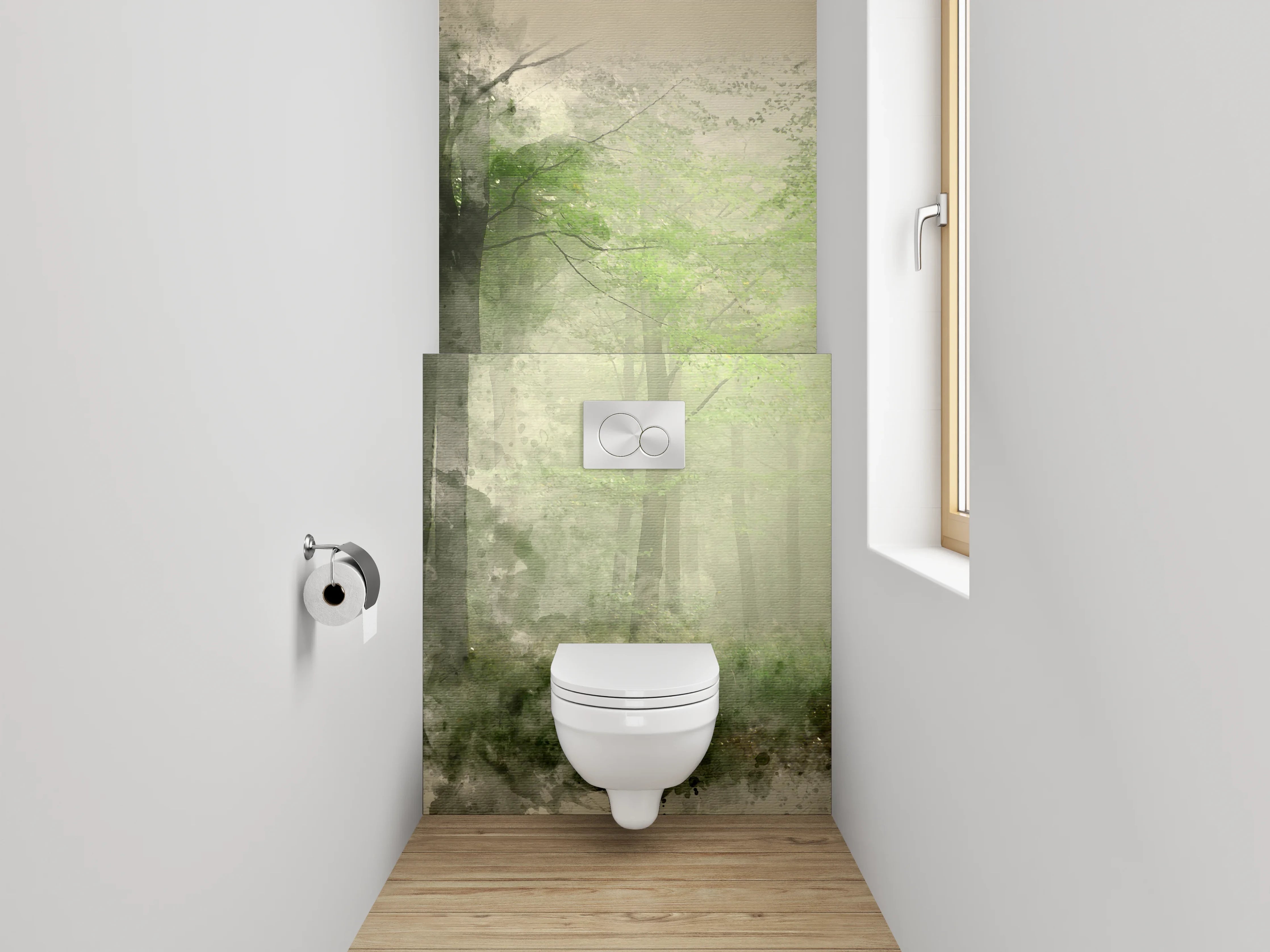 WC-Rückwand - Mystischer Aquarell-Wald Grün Grau