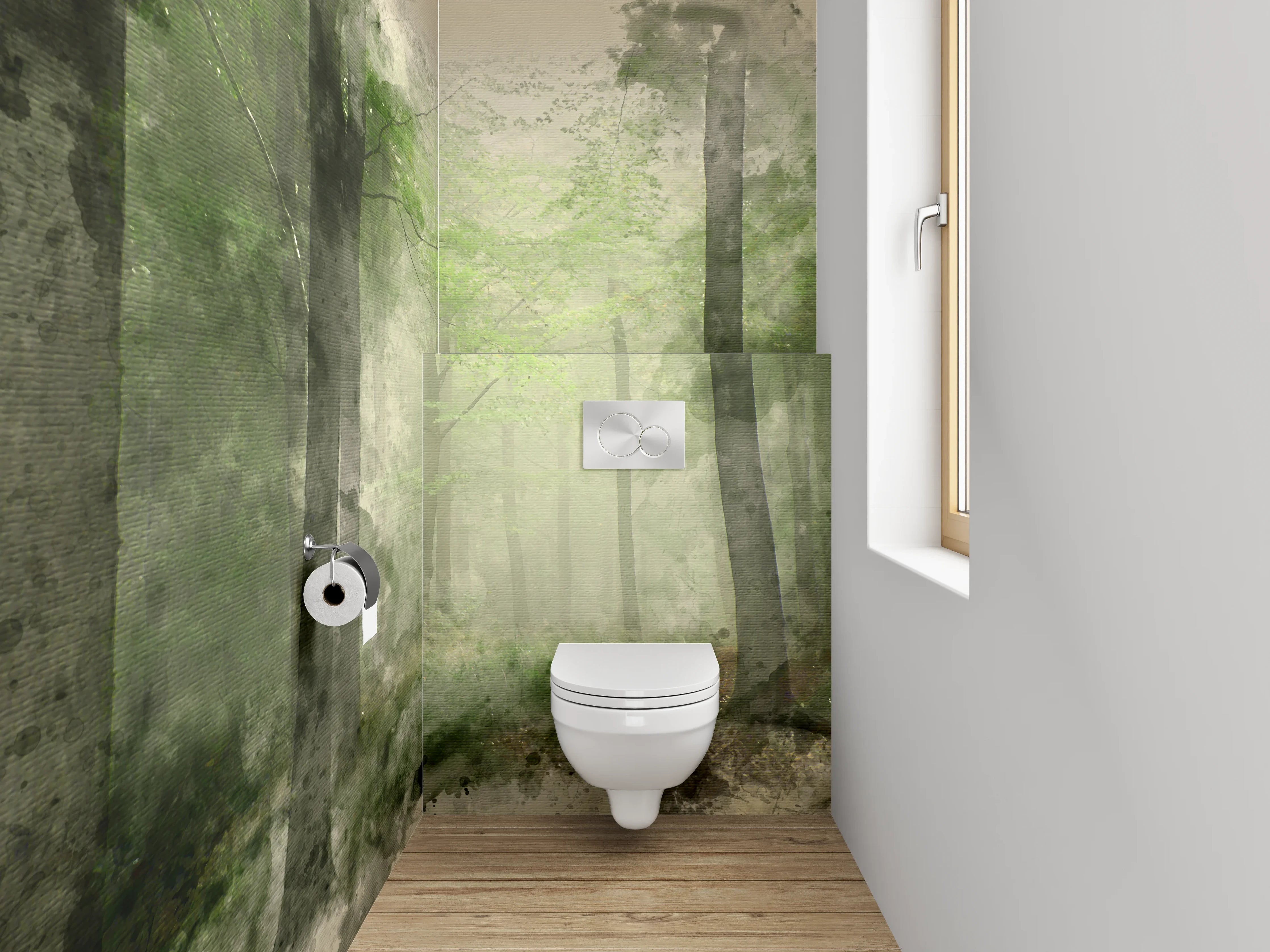 WC-Rückwand - Mystischer Aquarell-Wald Grün Grau