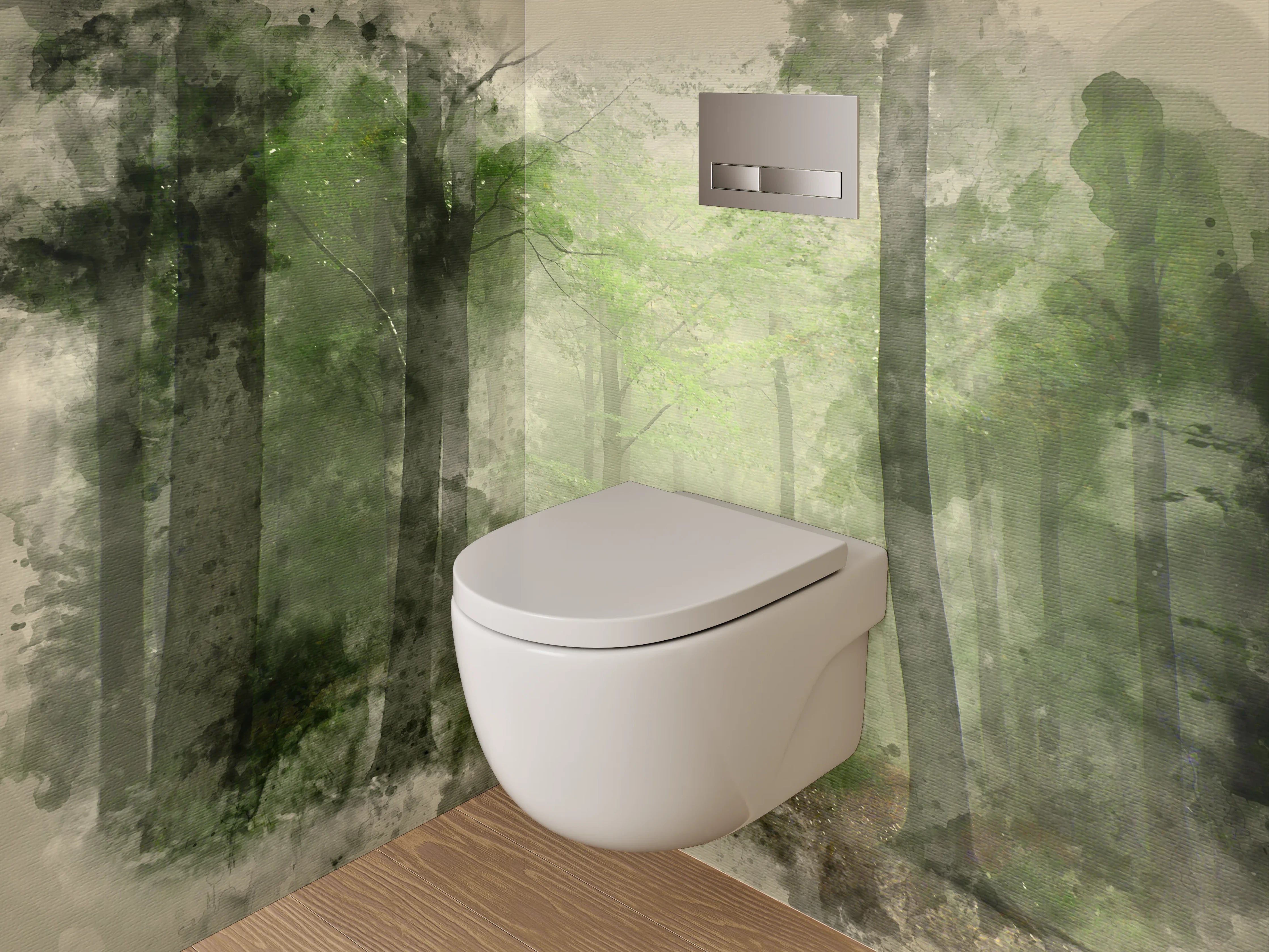WC-Rückwand - Mystischer Aquarell-Wald Grün Grau