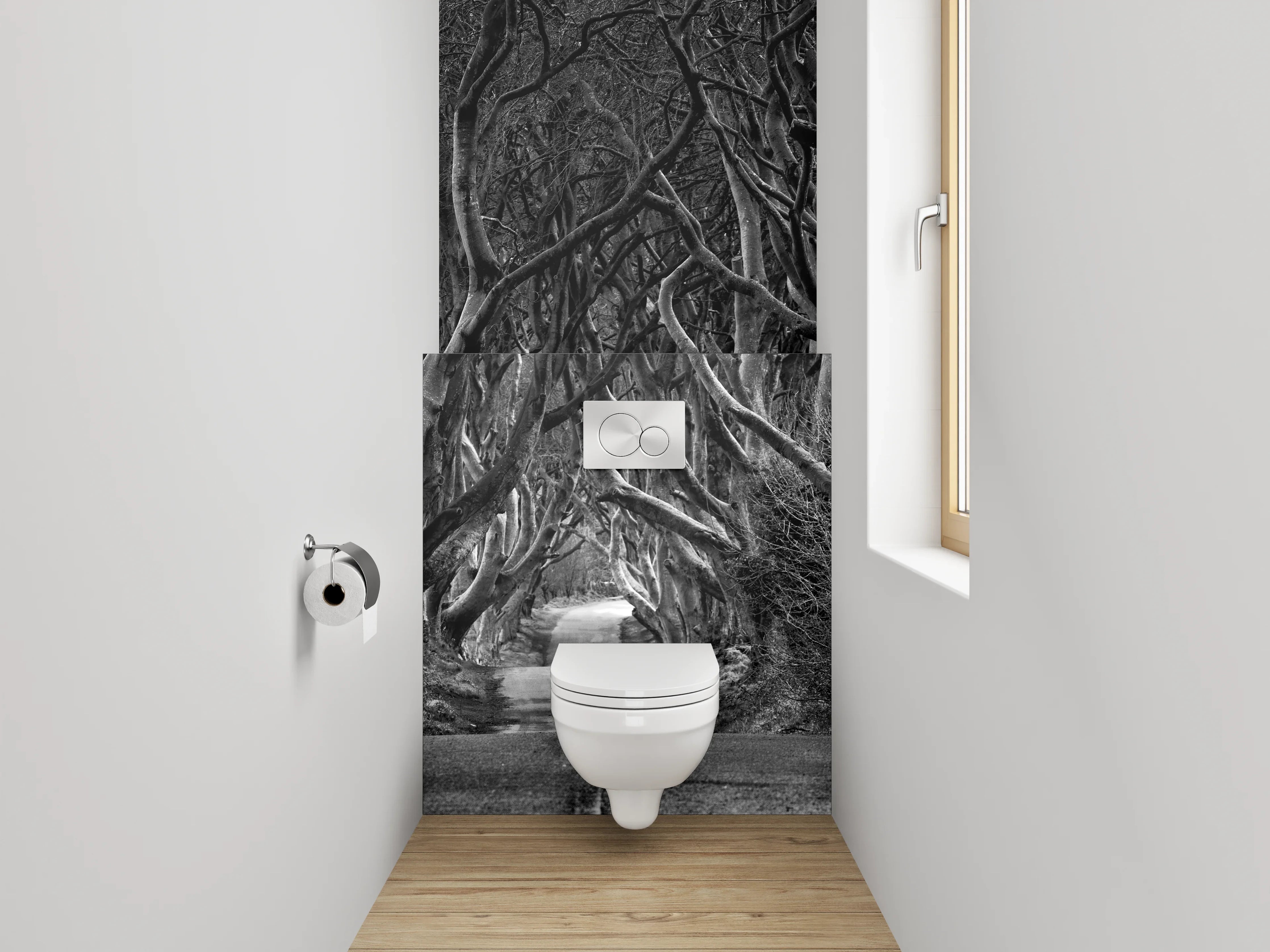 WC-Rückwand - Mystischer Baumtunnel in Schwarz-Weiß