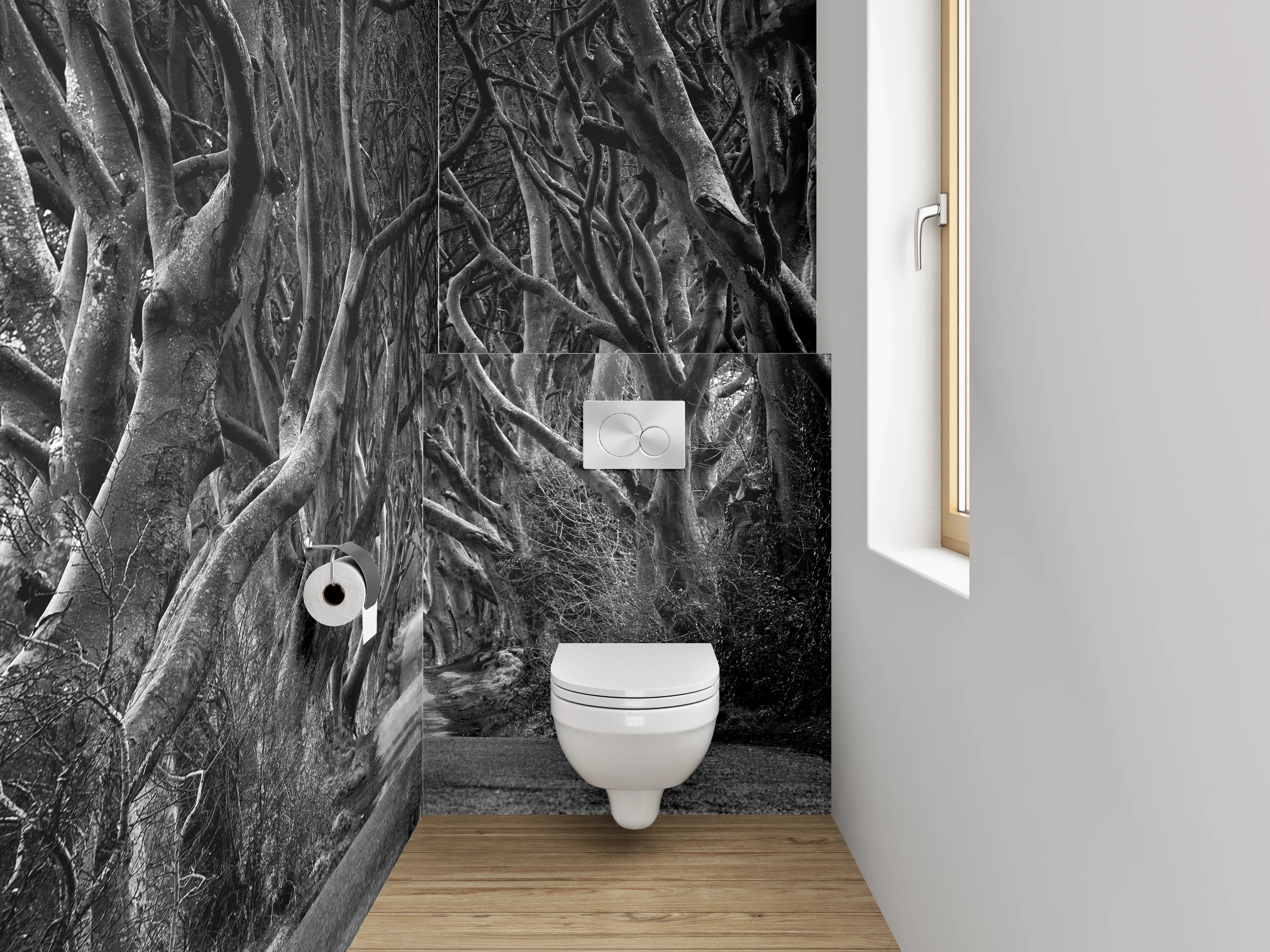 WC-Rückwand - Mystischer Baumtunnel in Schwarz-Weiß