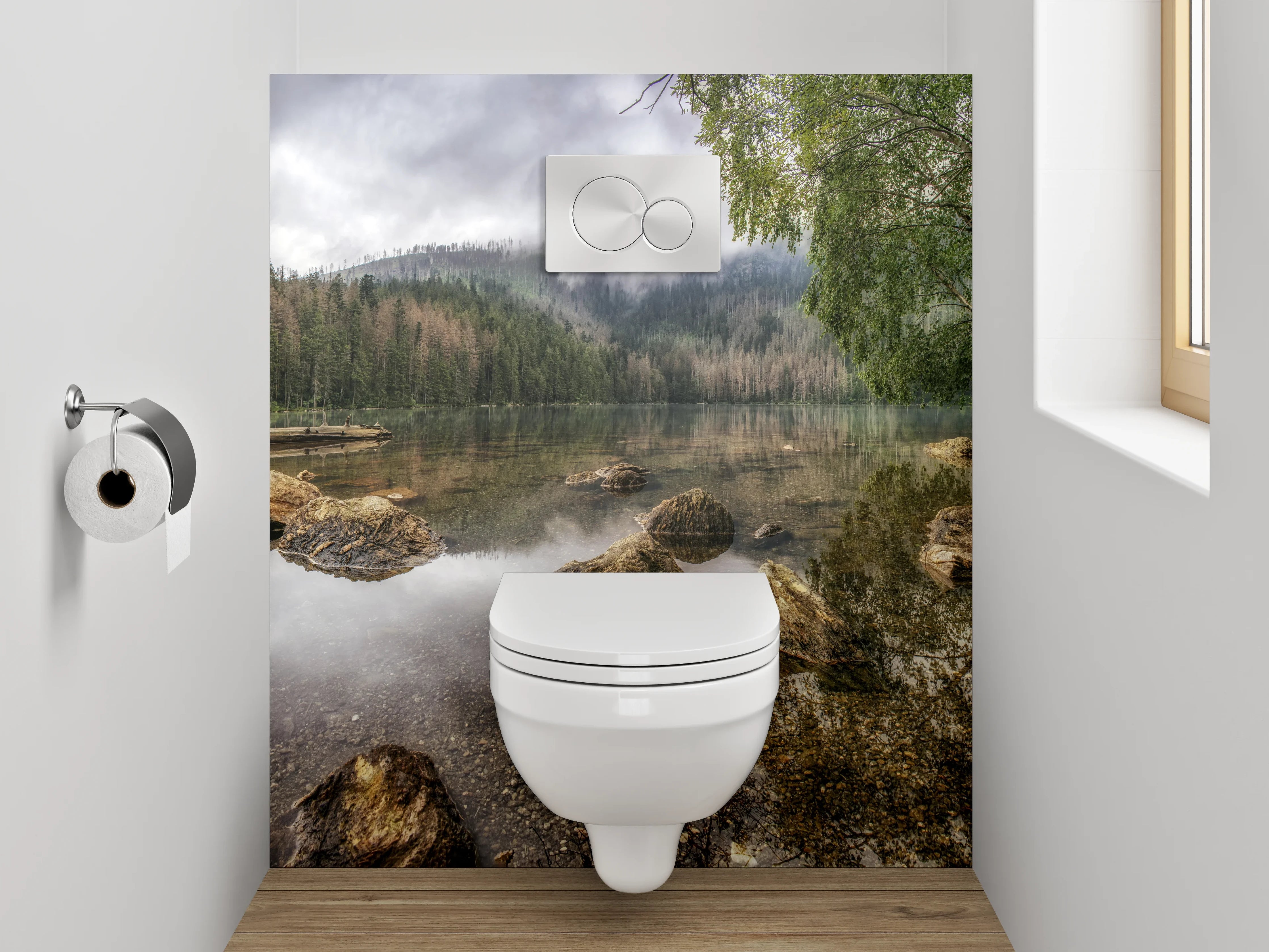 WC-Rückwand - Mystischer Bergsee im Morgennebel