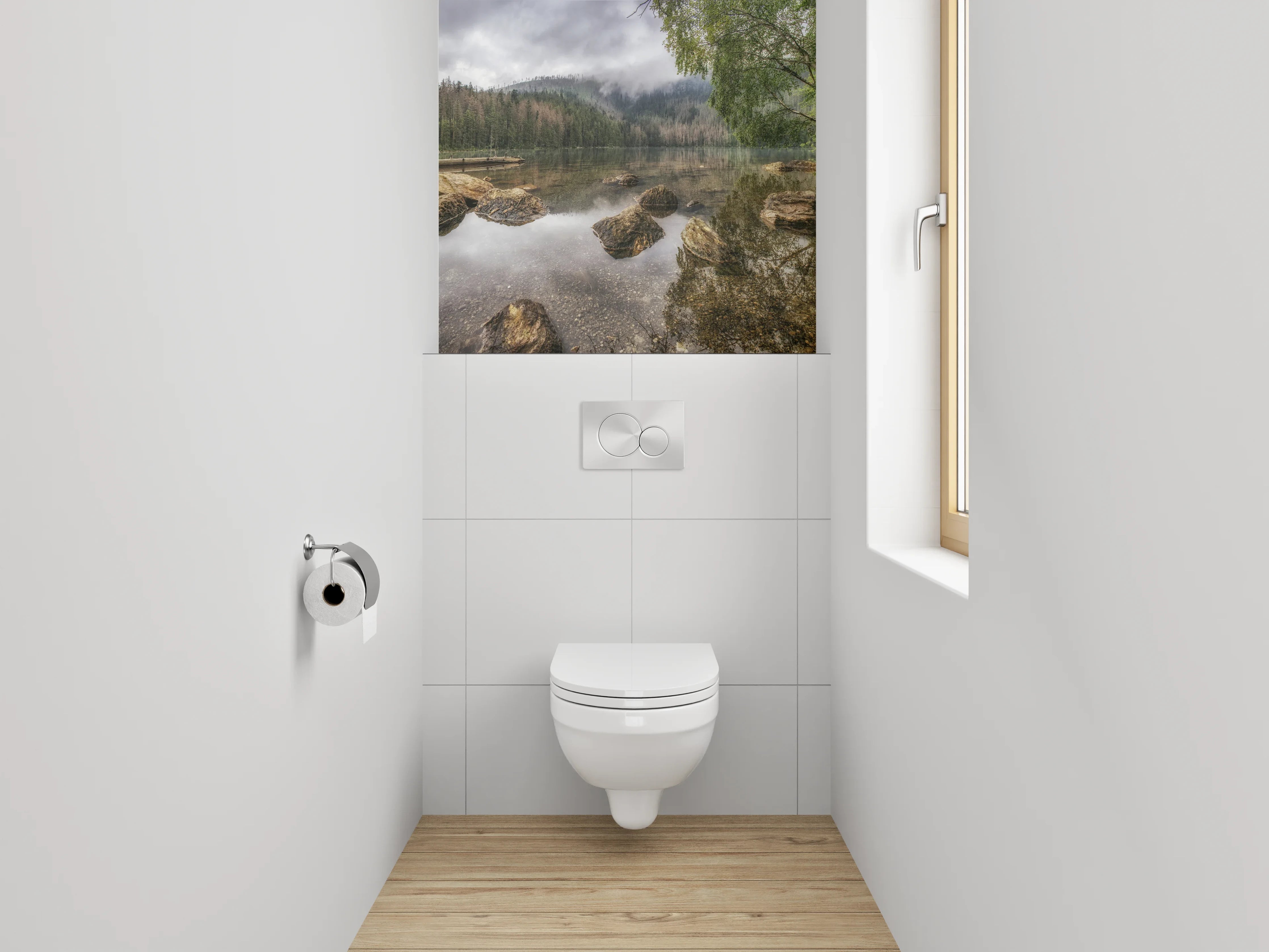 WC-Rückwand - Mystischer Bergsee im Morgennebel