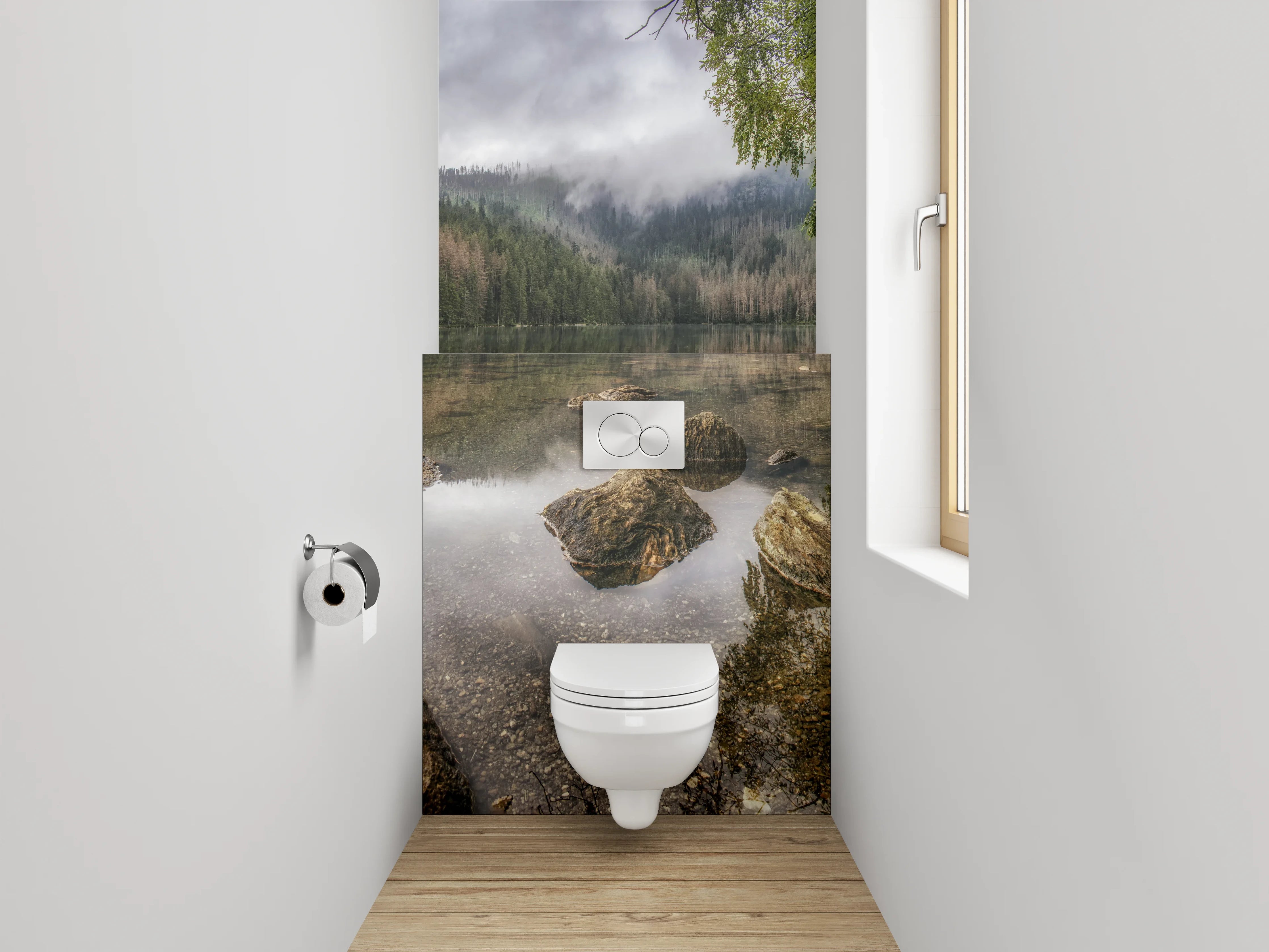 WC-Rückwand - Mystischer Bergsee im Morgennebel