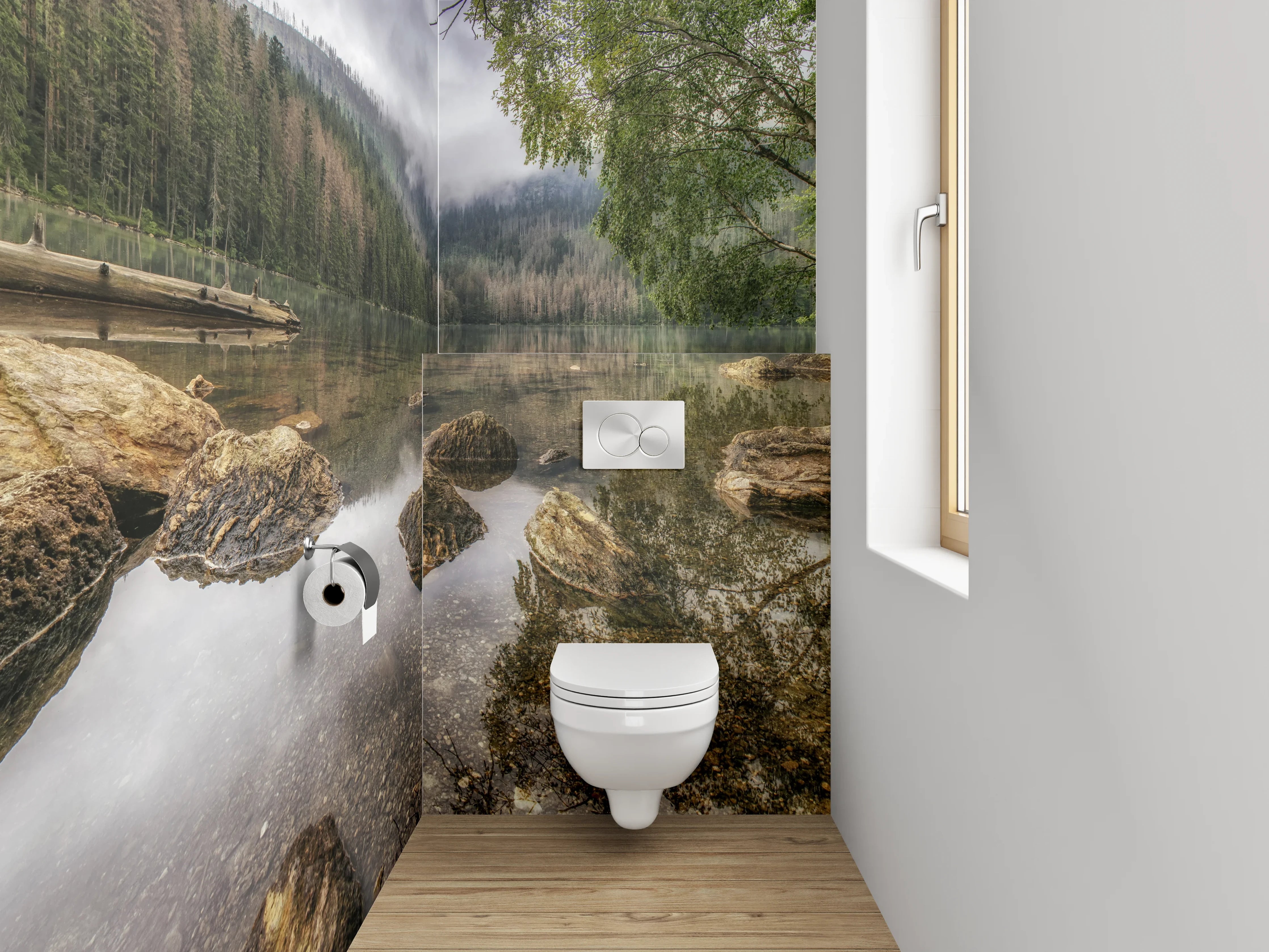 WC-Rückwand - Mystischer Bergsee im Morgennebel