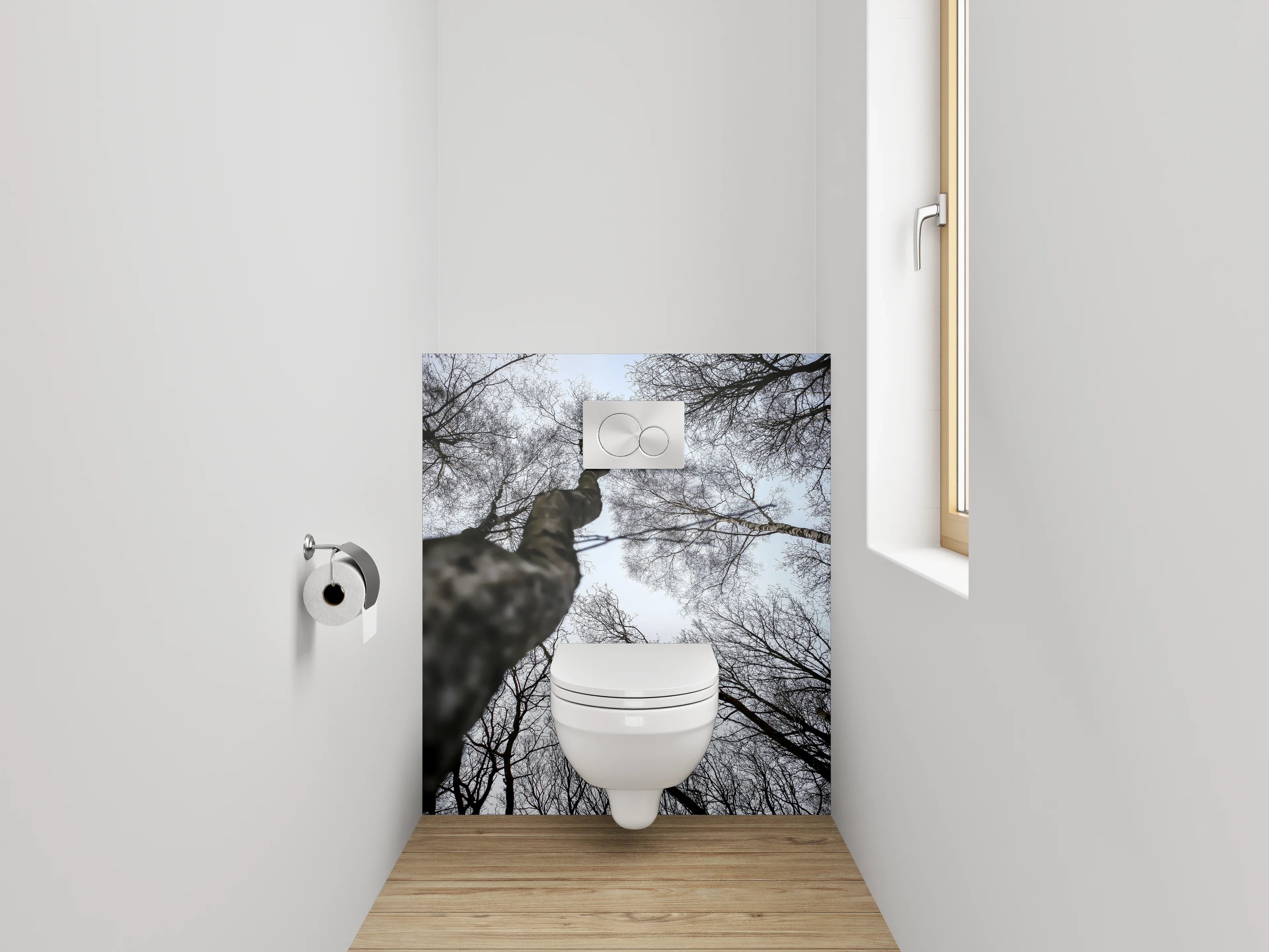 WC-Rückwand - Mystischer Blick in kahle Baumwipfel