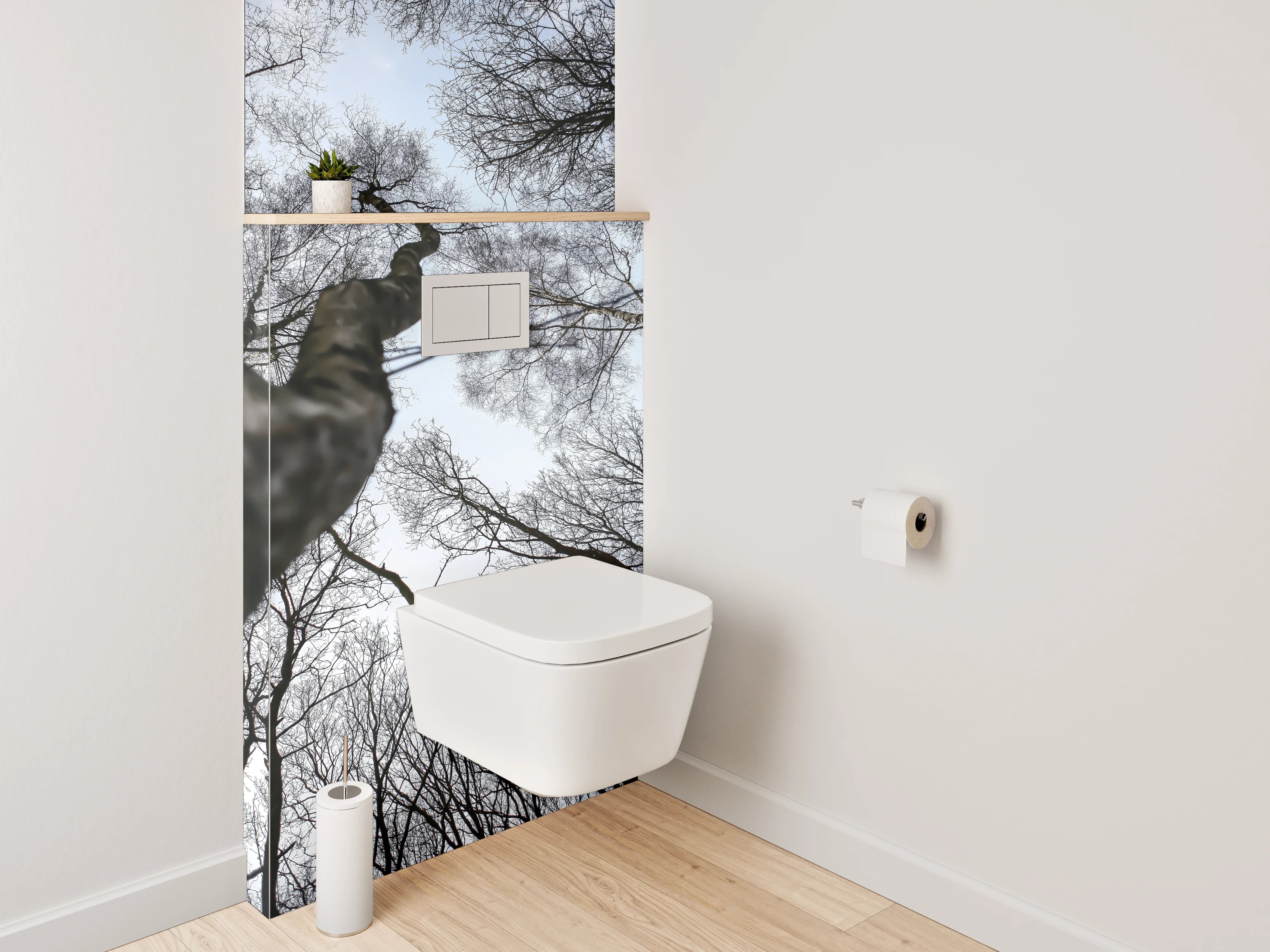 WC-Rückwand - Mystischer Blick in kahle Baumwipfel