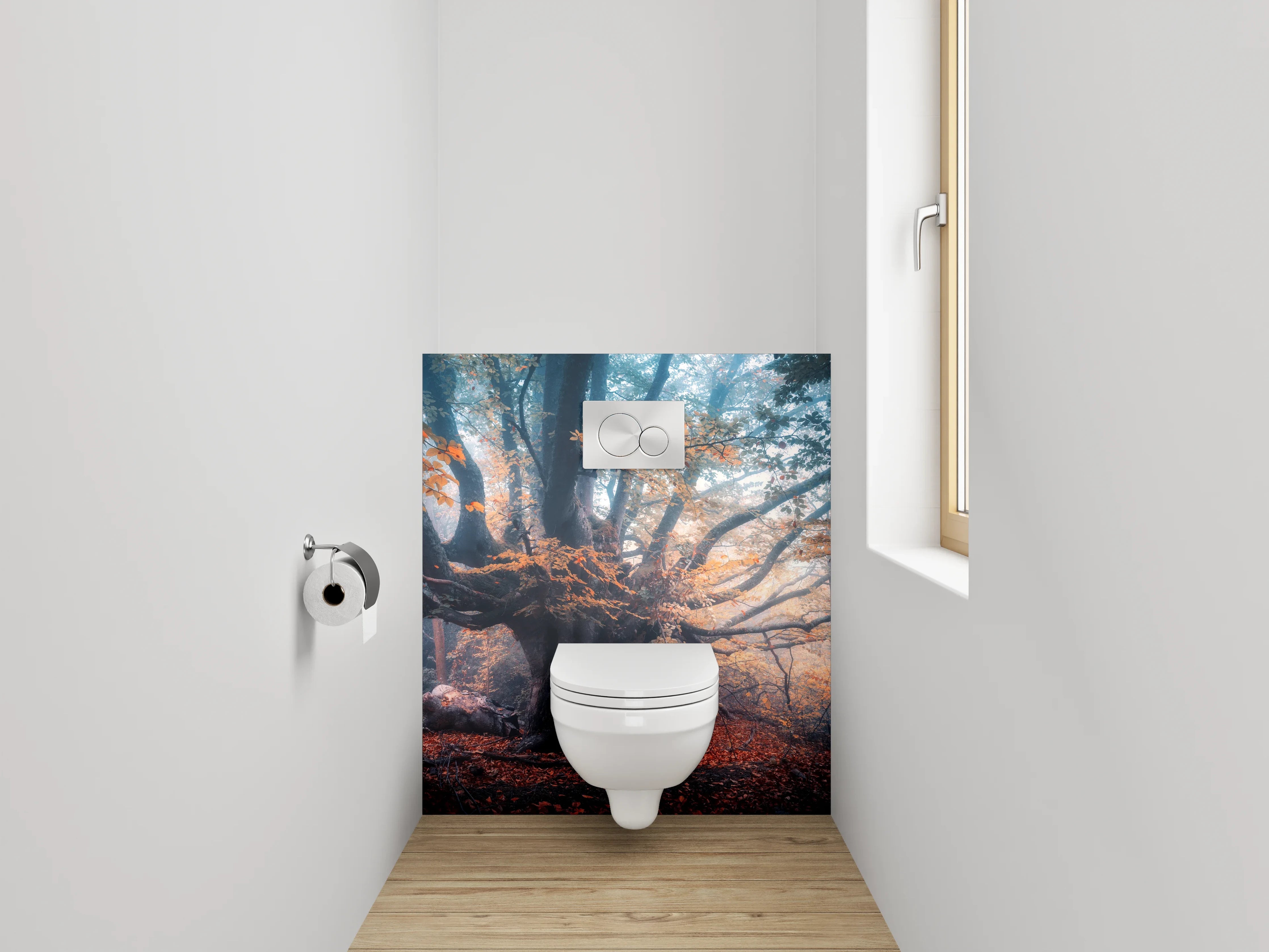 WC-Rückwand - Mystischer Herbstbaum im Nebelwald