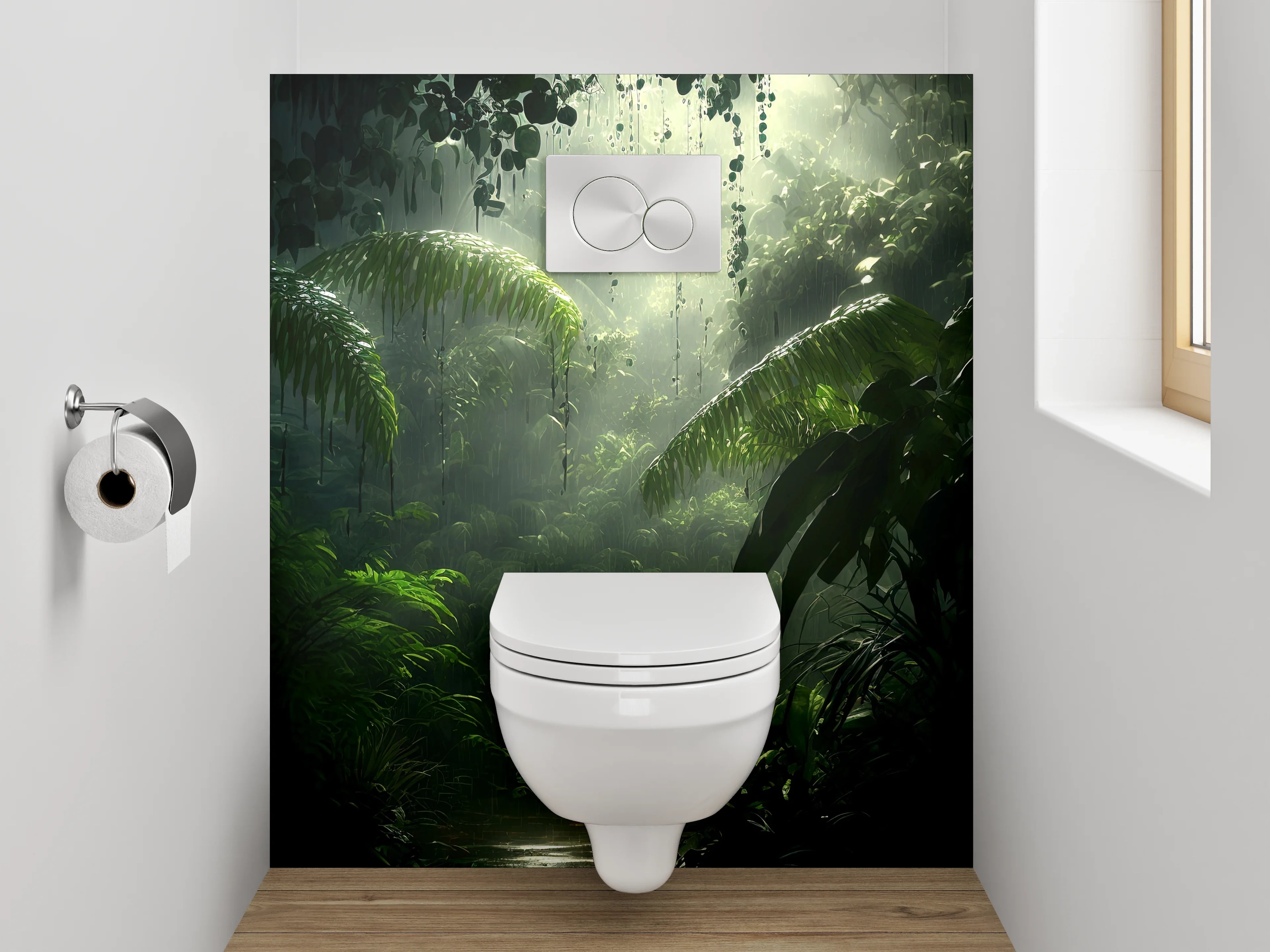 WC-Rückwand - Mystischer Regenwald Dschungel Lichtstrahlen