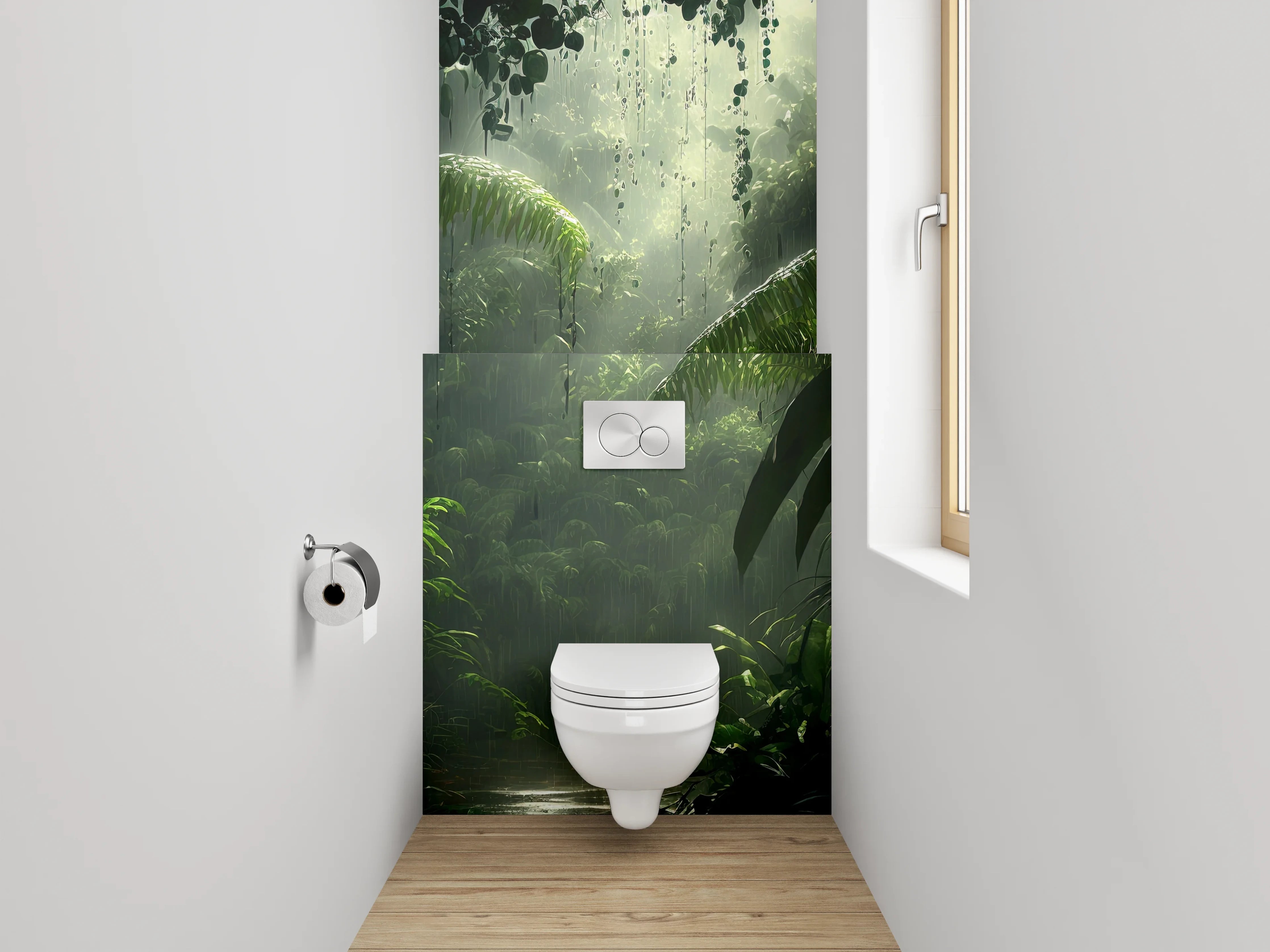 WC-Rückwand - Mystischer Regenwald Dschungel Lichtstrahlen