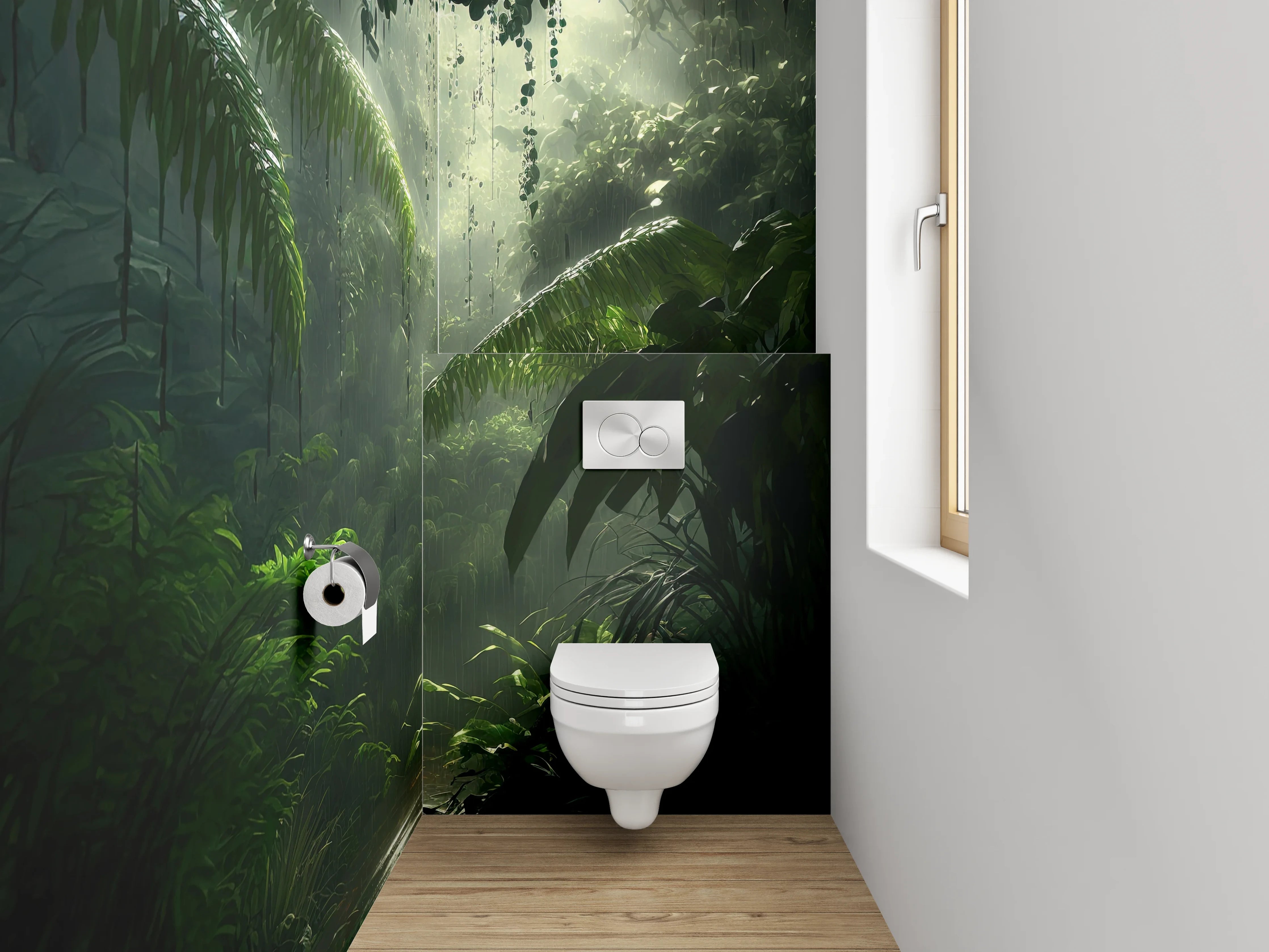 WC-Rückwand - Mystischer Regenwald Dschungel Lichtstrahlen