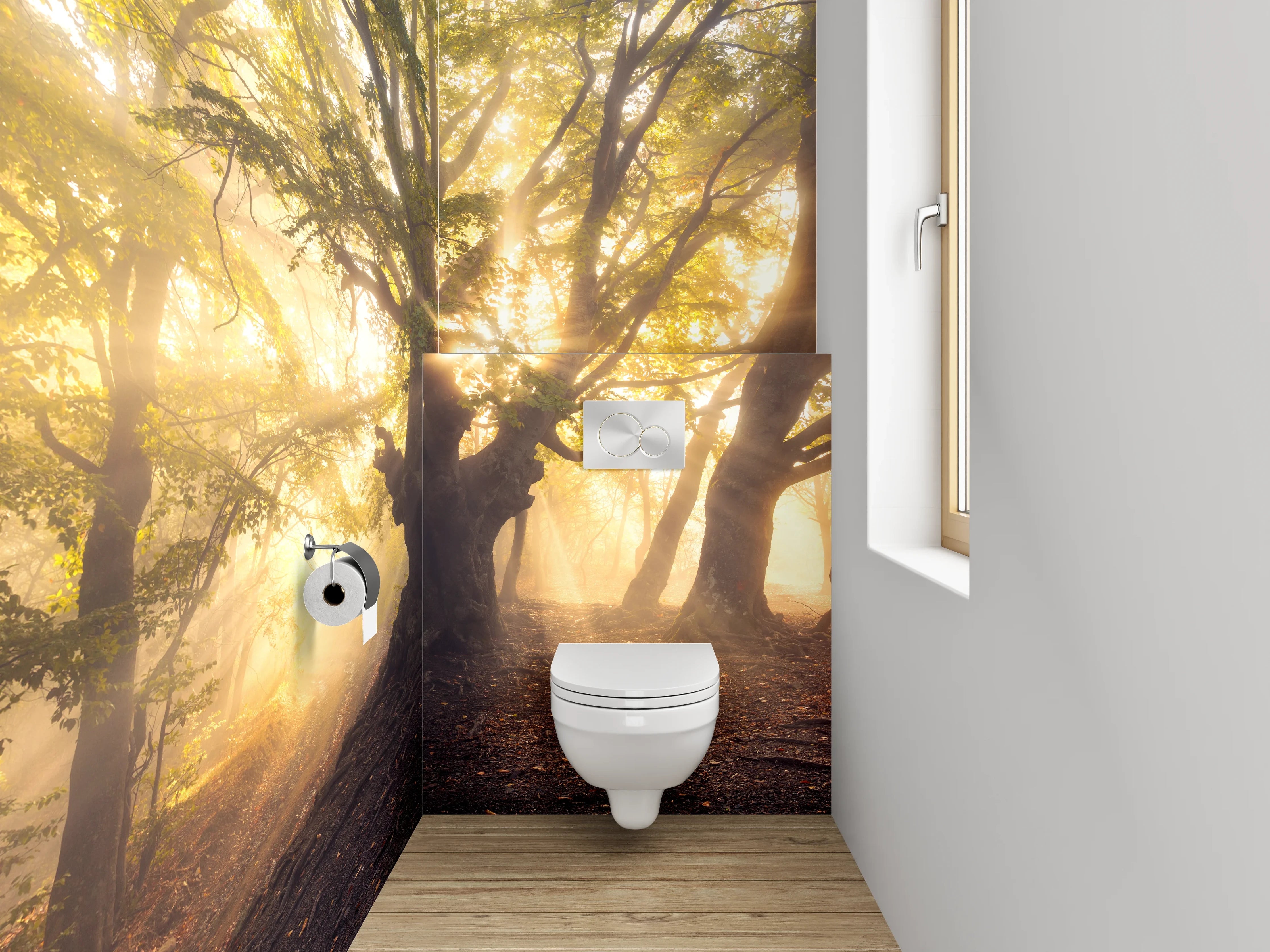 WC-Rückwand - Mystischer Sonnenwald – Morgenlicht