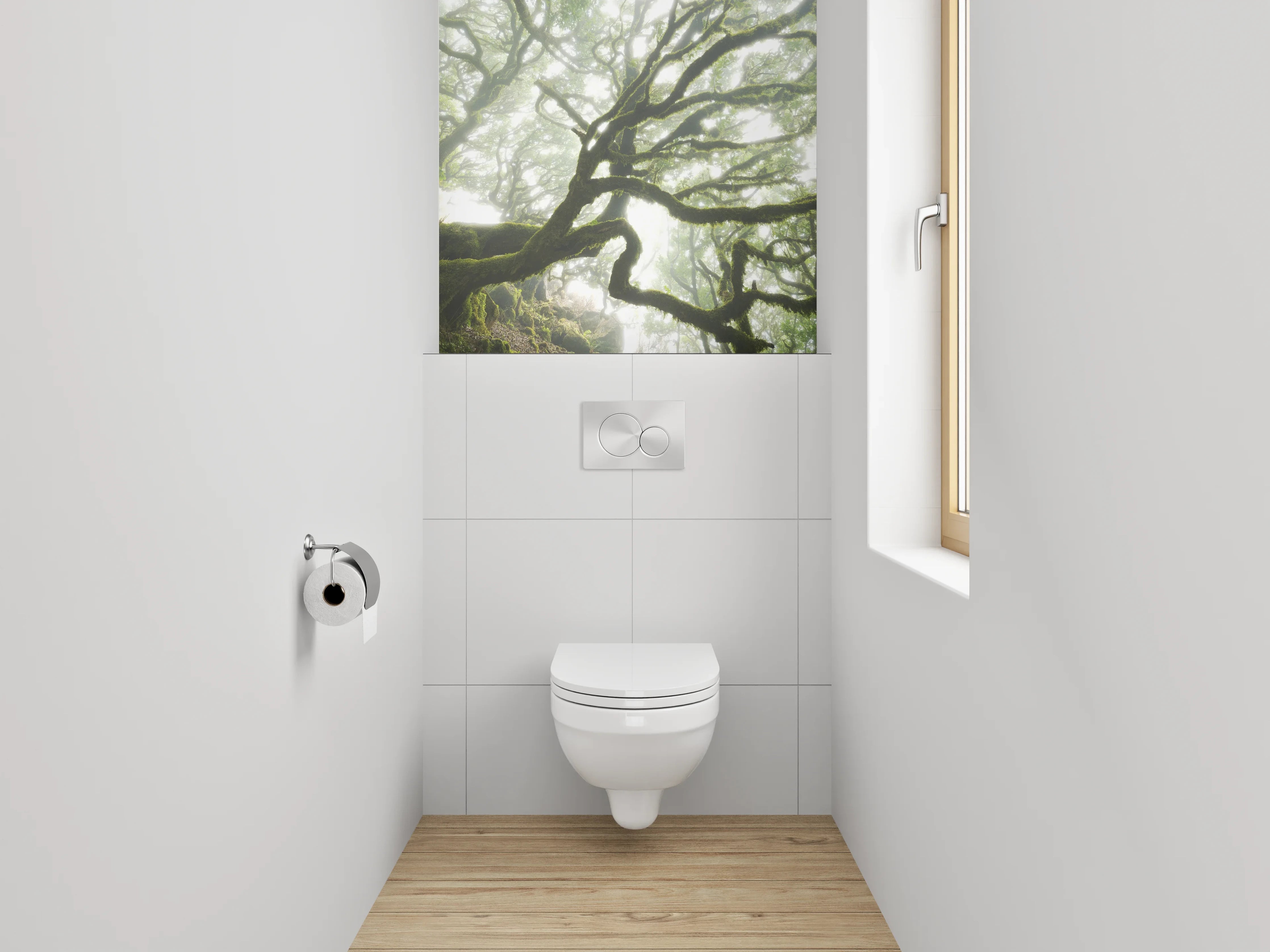 WC-Rückwand - Mystischer Wald im Morgendunst