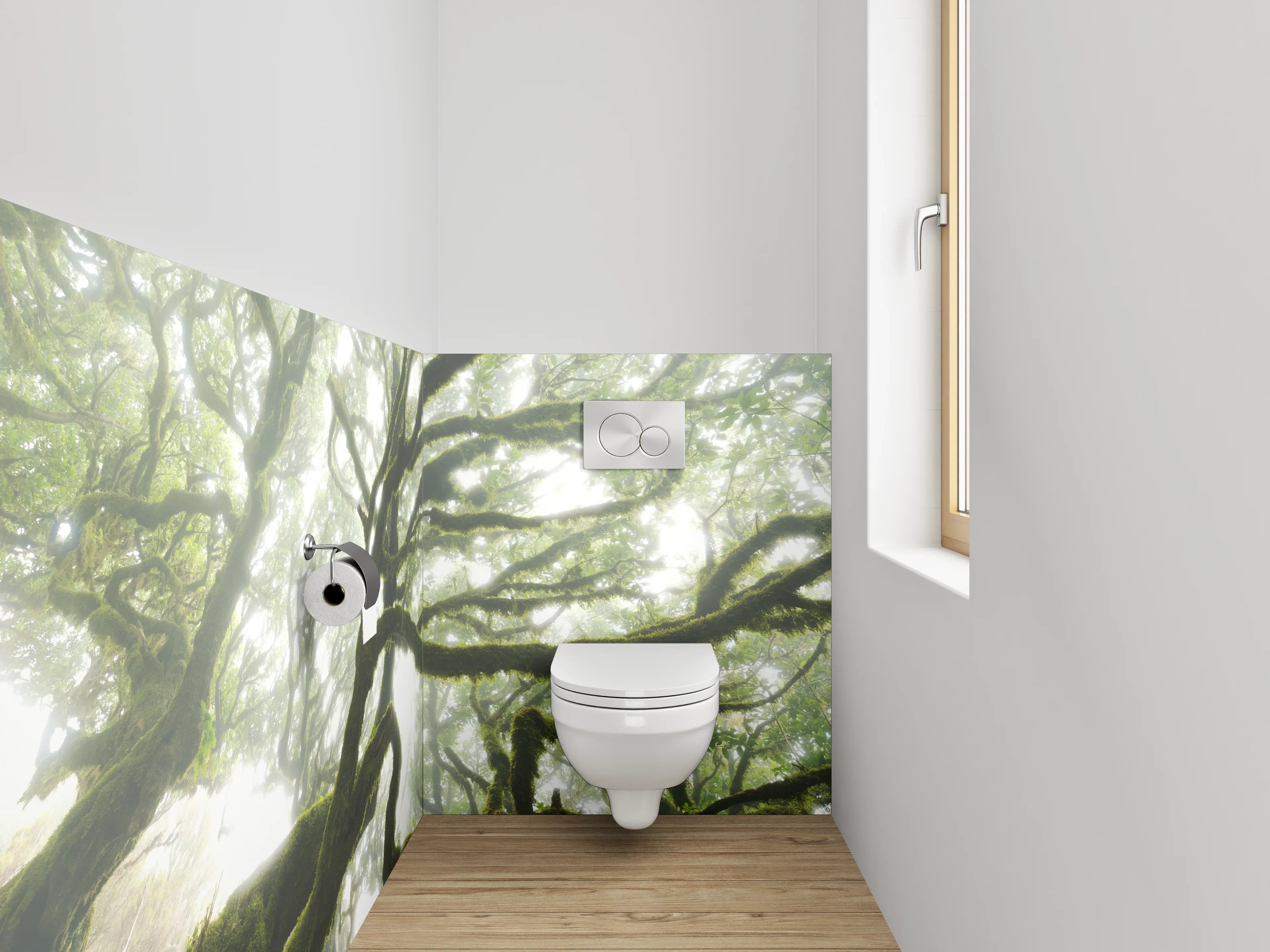 WC-Rückwand - Mystischer Wald im Morgendunst