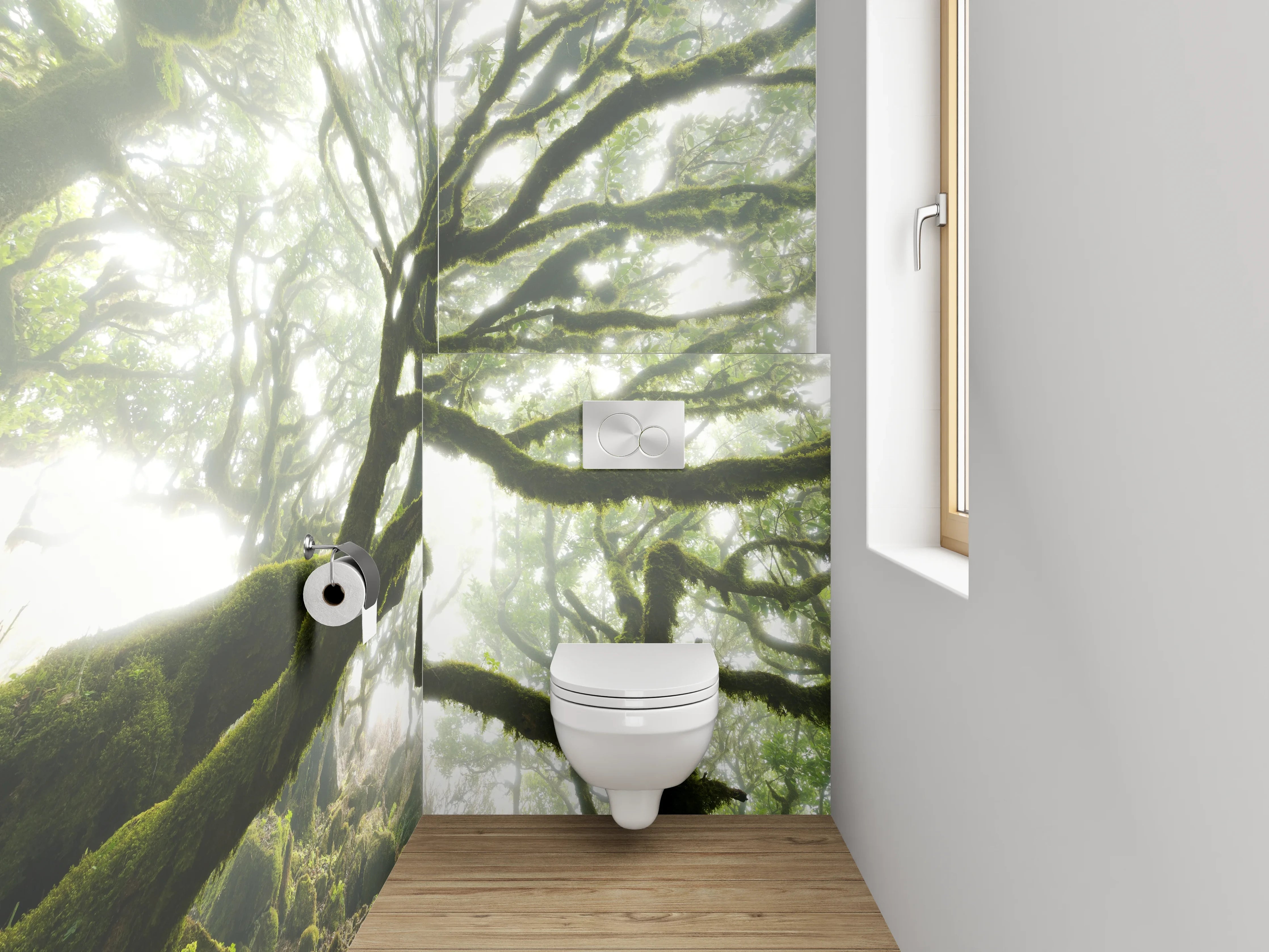 WC-Rückwand - Mystischer Wald im Morgendunst