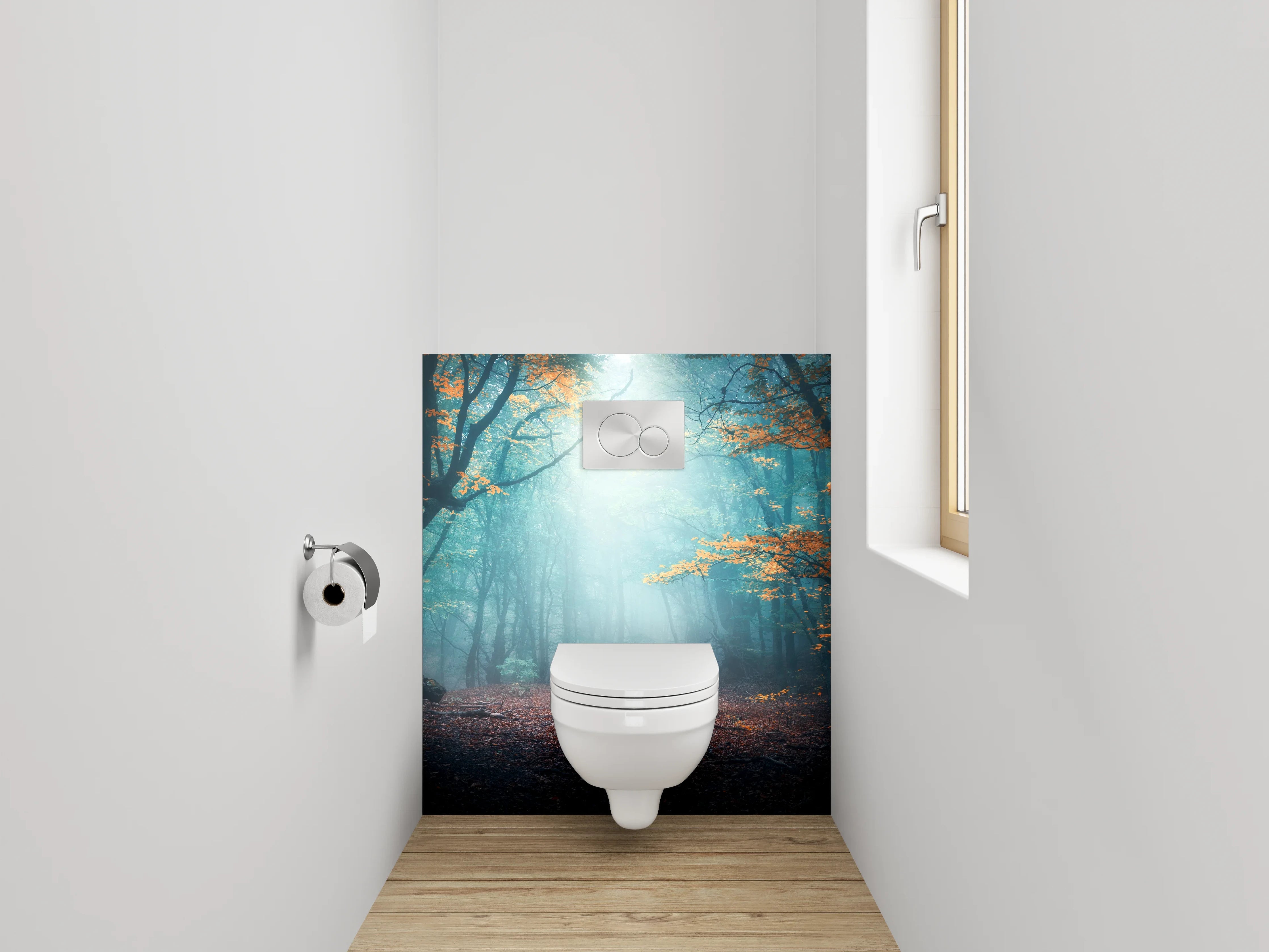 WC-Rückwand - Mystischer Wald im Morgenlicht