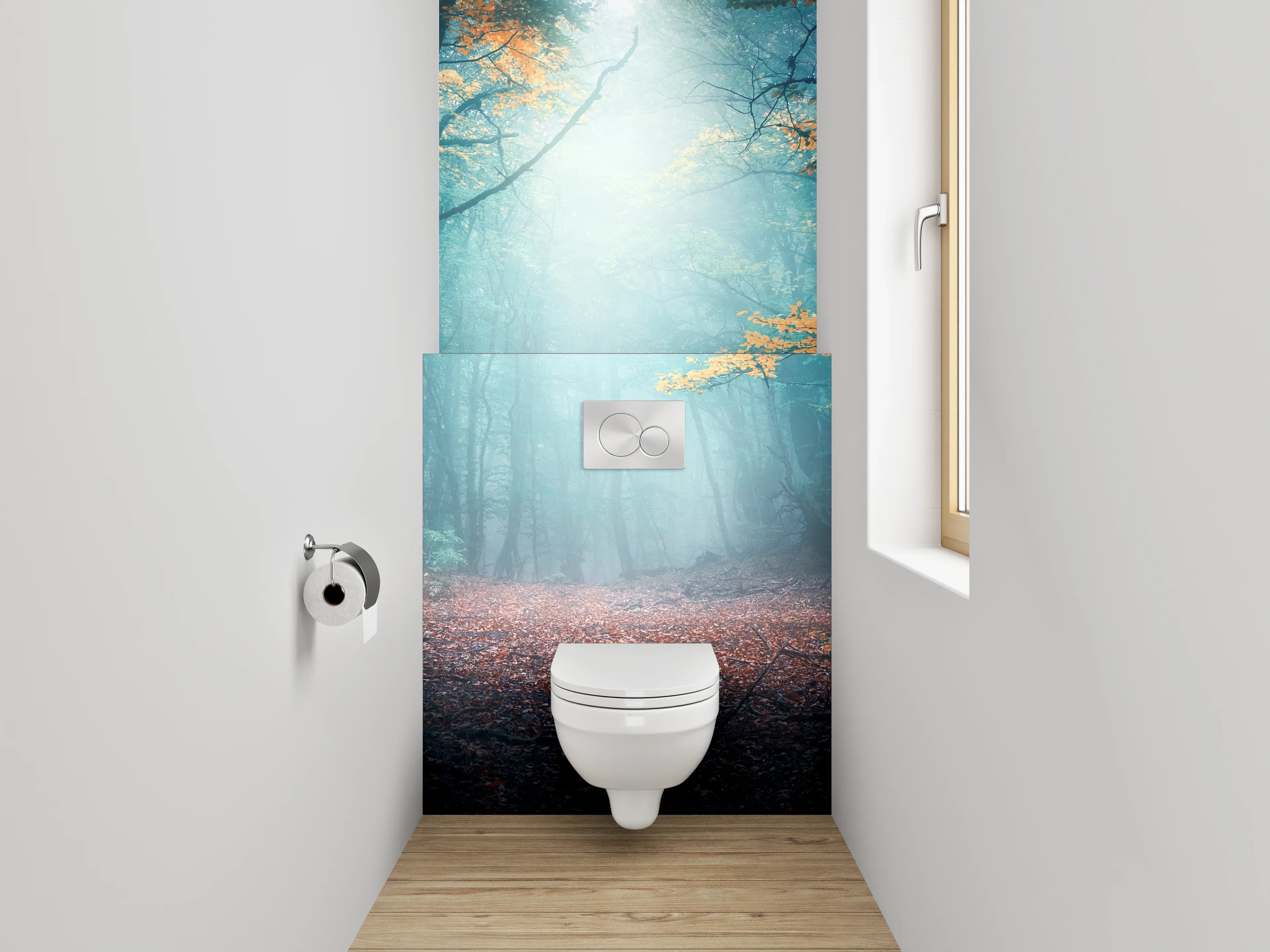 WC-Rückwand - Mystischer Wald im Morgenlicht