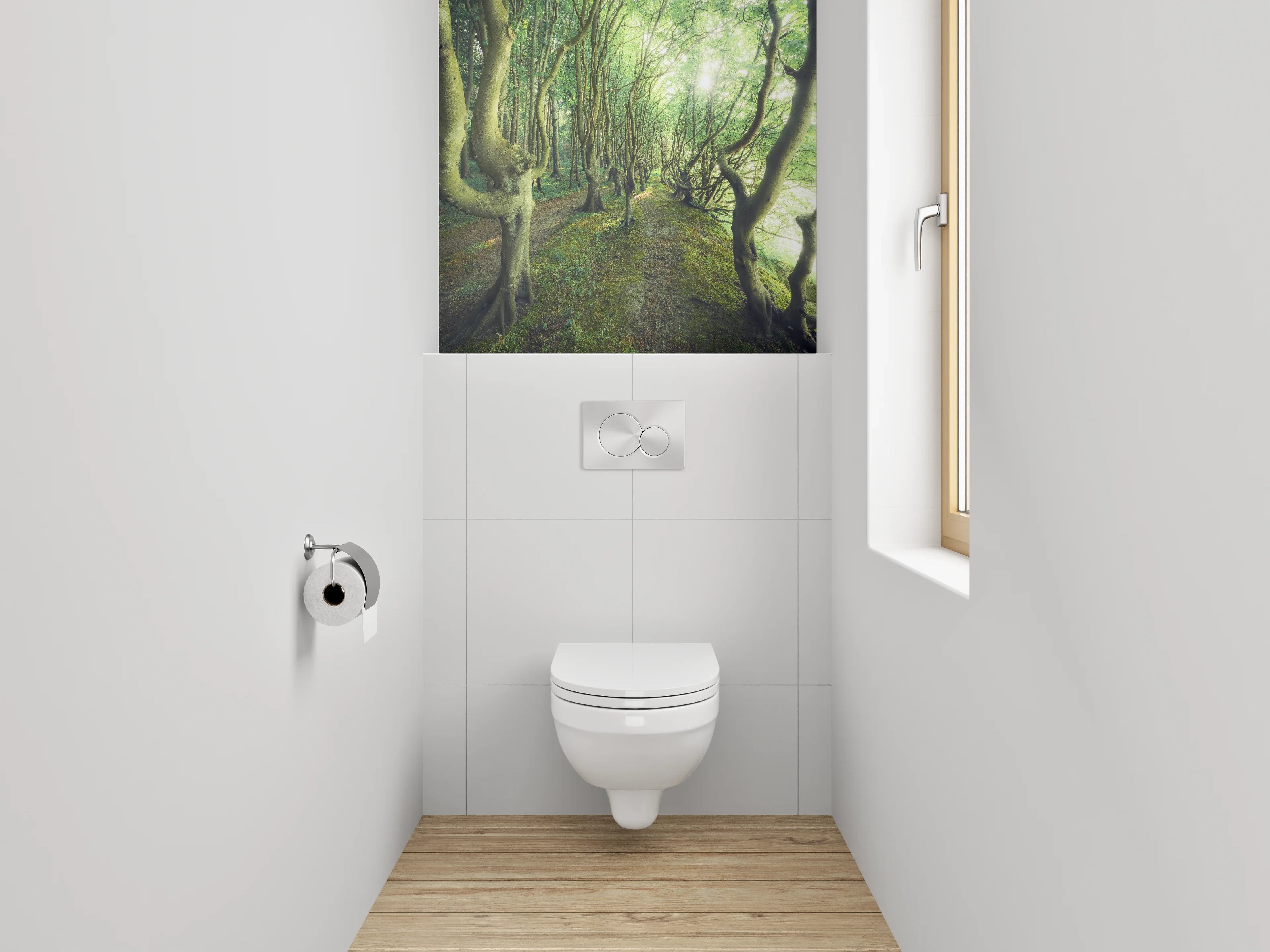 WC-Rückwand - Mystischer Wald im Sonnenlicht